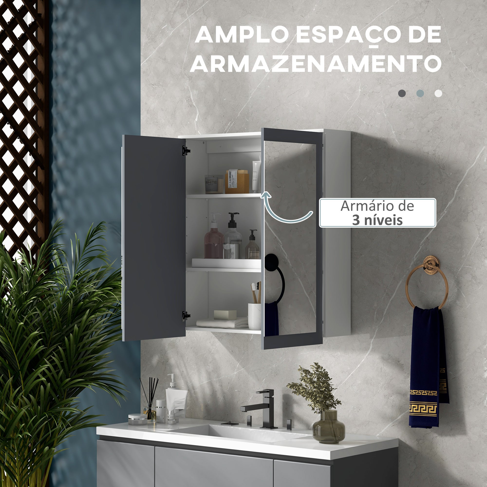 Armário de Casa de Banho com Espelho 69x17x75,5 cm Branco e Cinza