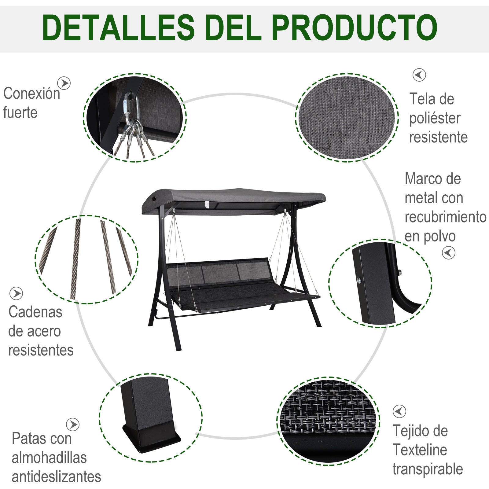 Baloiço de Jardim 3 Lugares Cinzento 200x115x168cm