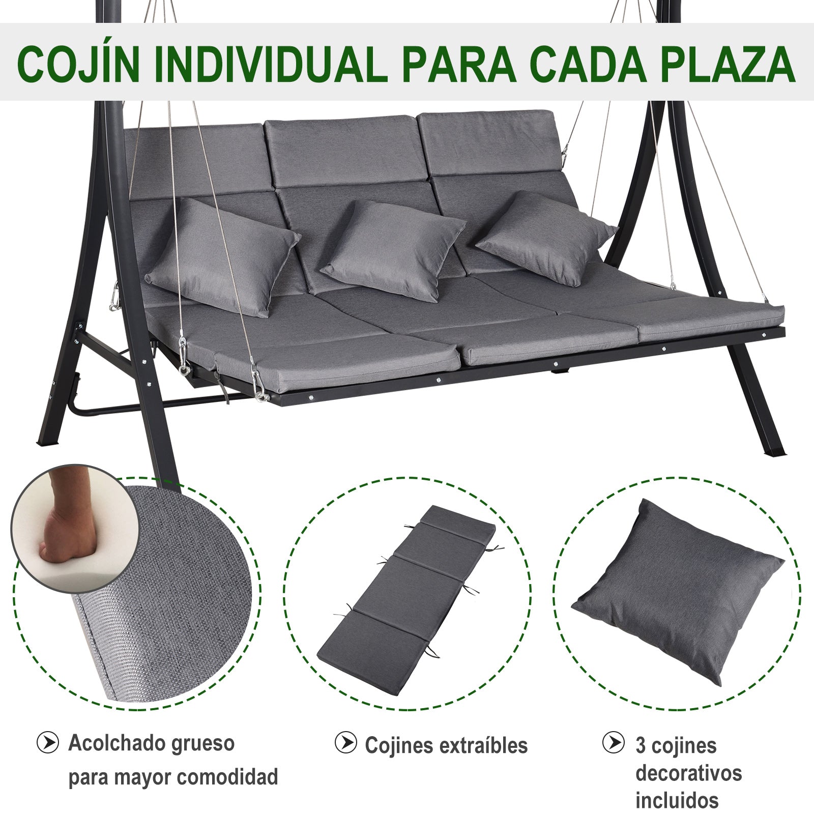 Baloiço de Jardim 3 Lugares Cinzento 200x115x168cm