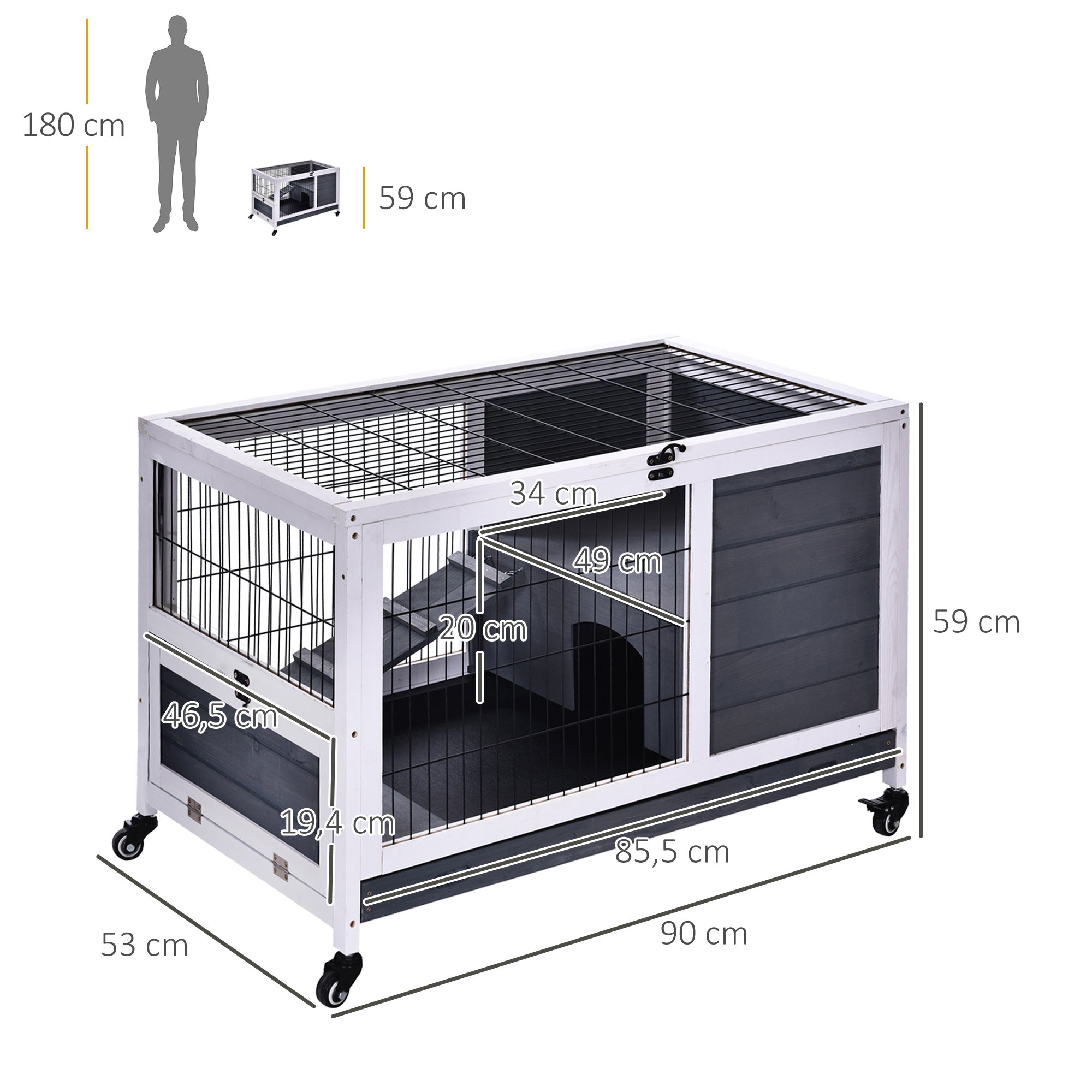 Coelheira de Madeira para Pequenos Animais - 90x53x59 cm - Cinza e Branco