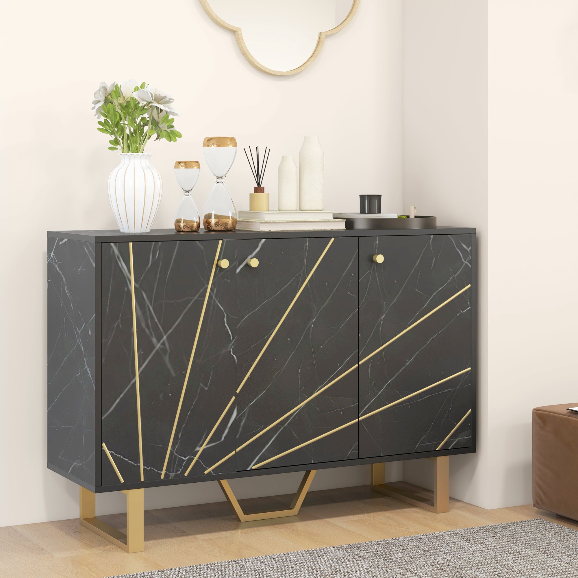 Aparador de Sala de Estar Preto 107x35x75 cm - Efeito Mármore e Dourado