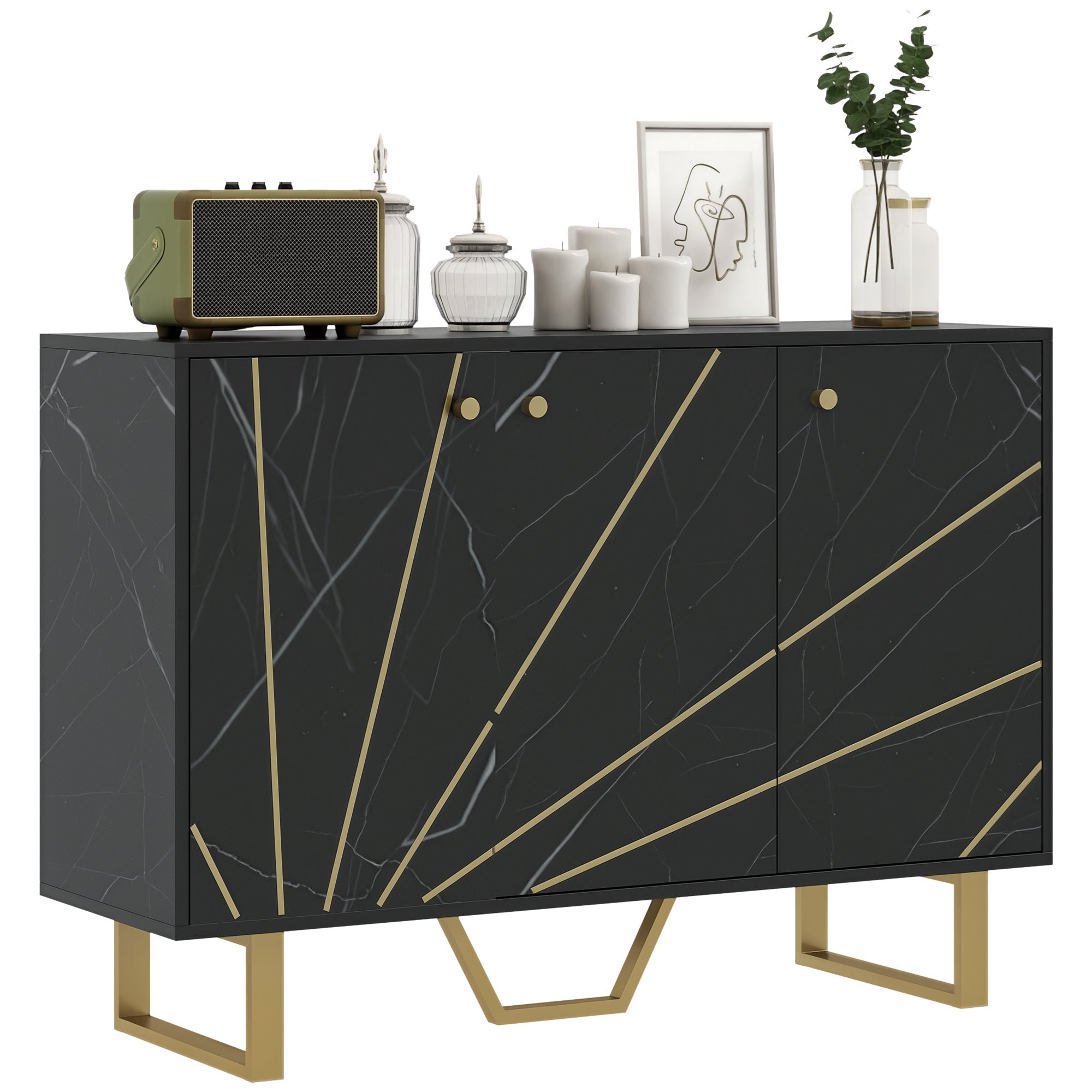 Aparador de Sala de Estar Preto 107x35x75 cm - Efeito Mármore e Dourado