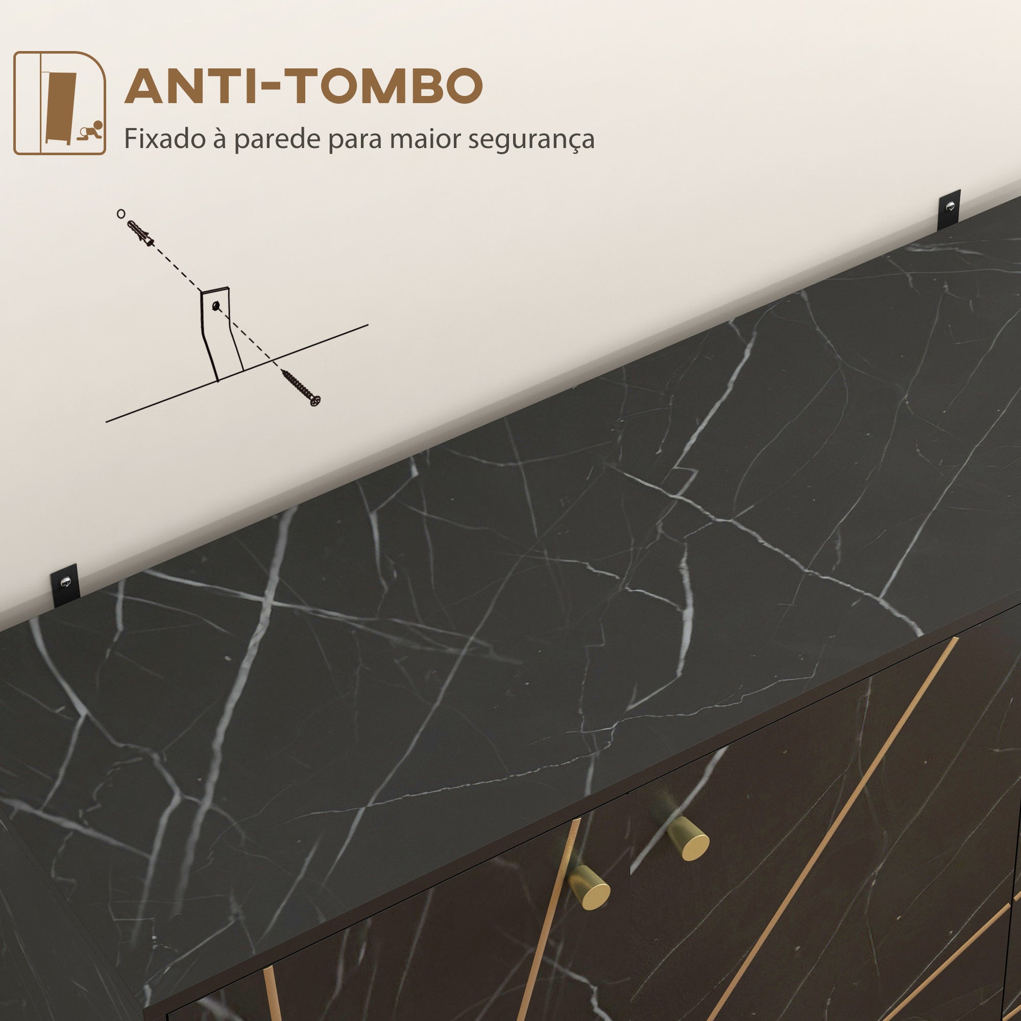 Aparador de Sala de Estar Preto 107x35x75 cm - Efeito Mármore e Dourado
