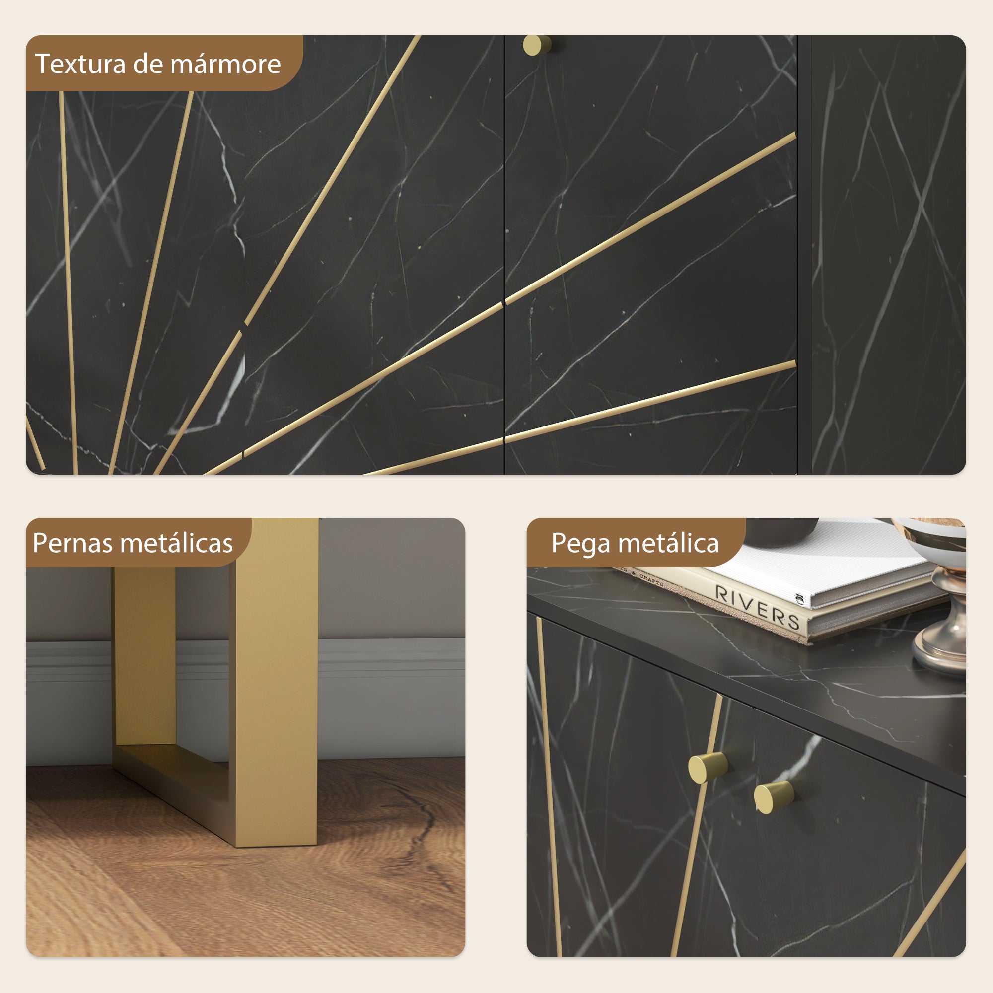 Aparador de Sala de Estar Preto 107x35x75 cm - Efeito Mármore e Dourado