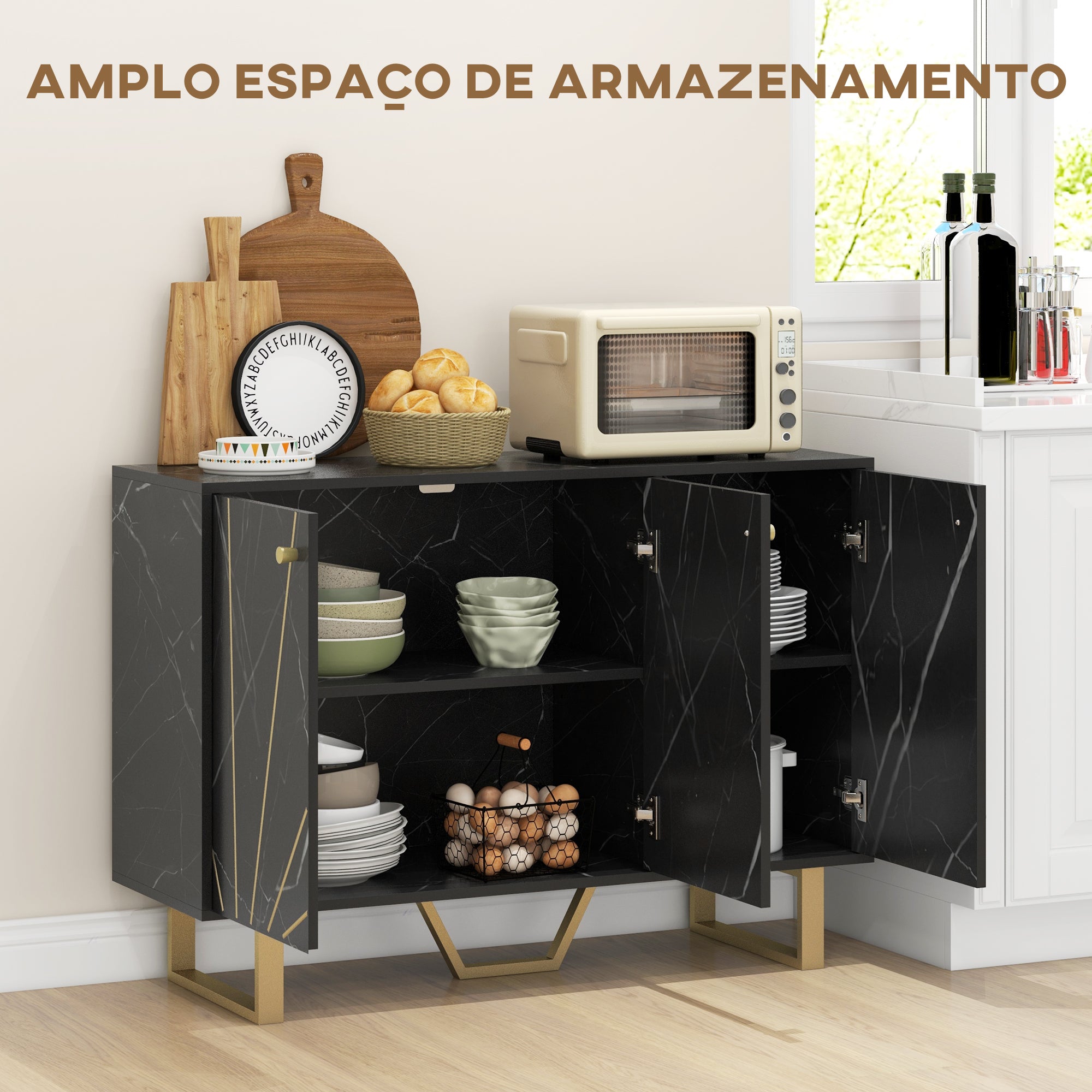 Aparador de Sala de Estar Preto 107x35x75 cm - Efeito Mármore e Dourado