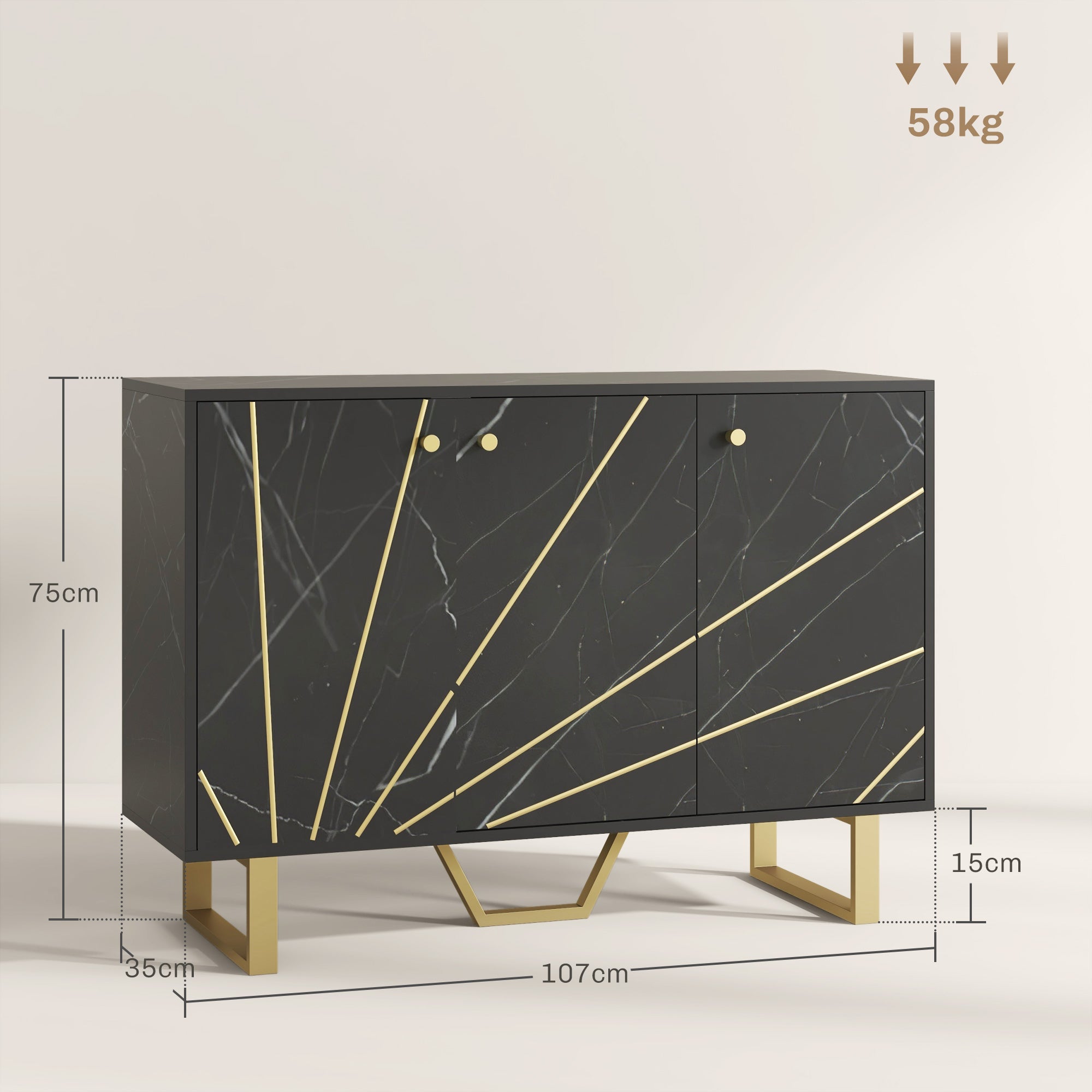 Aparador de Sala de Estar Preto 107x35x75 cm - Efeito Mármore e Dourado