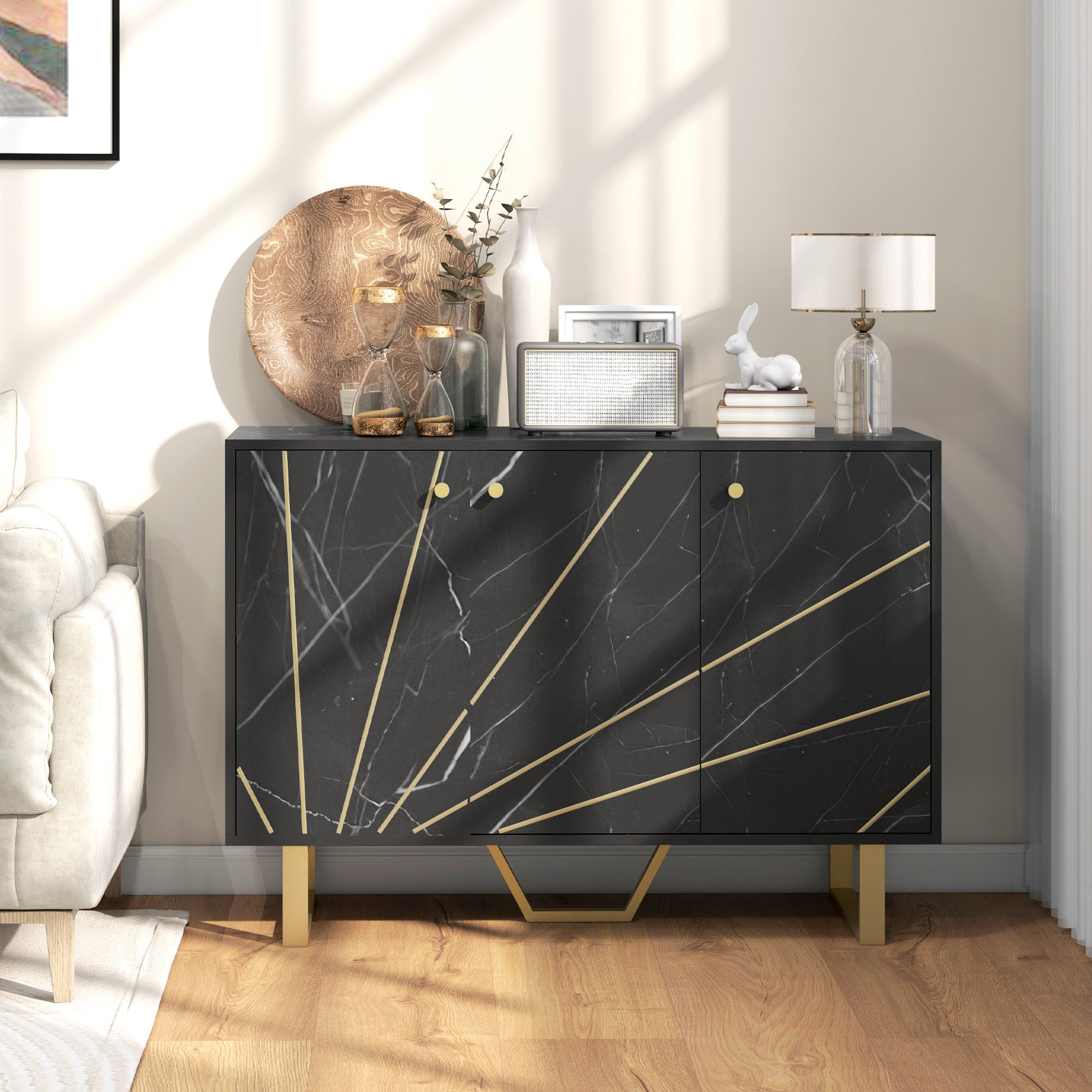 Aparador de Sala de Estar Preto 107x35x75 cm - Efeito Mármore e Dourado
