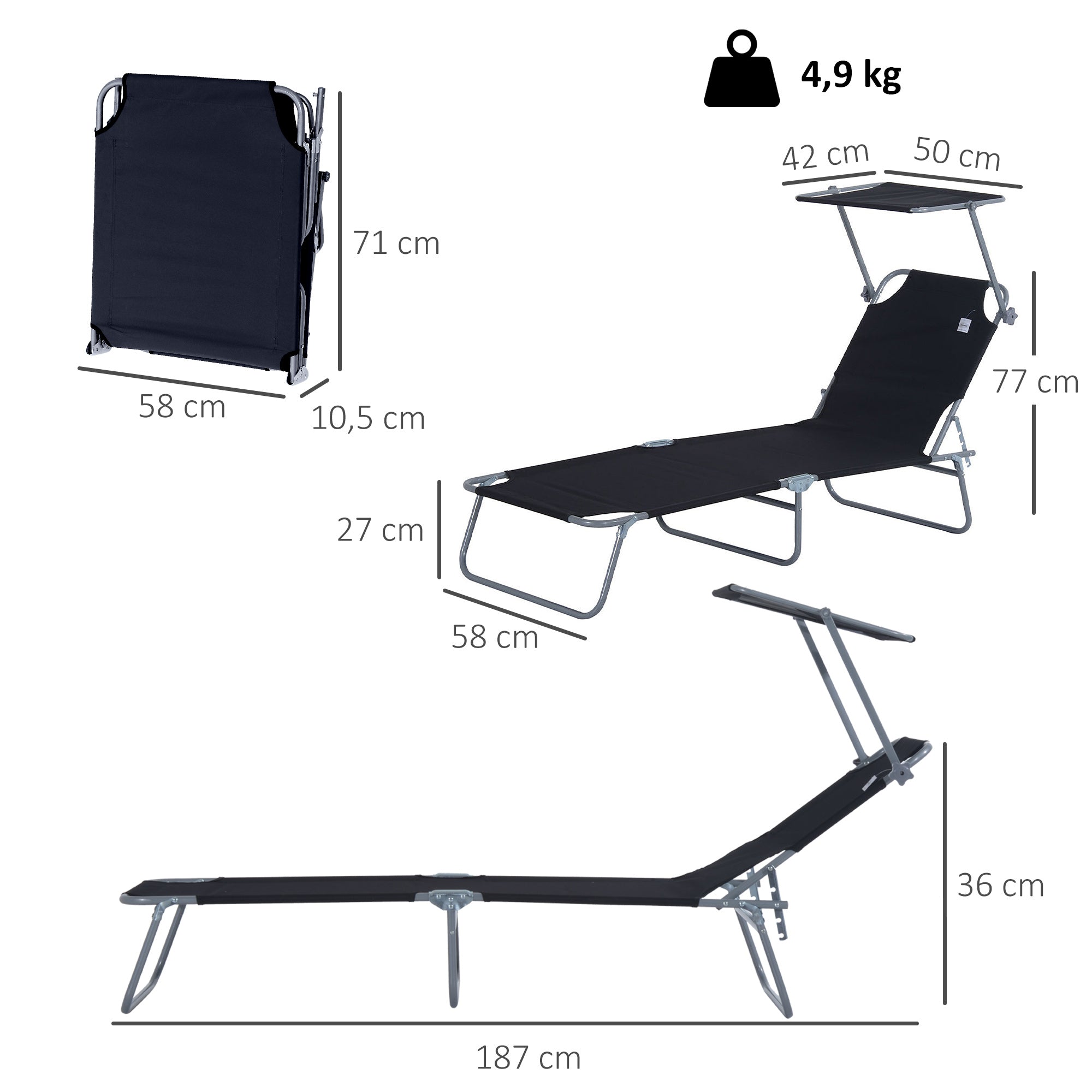 Espreguiçadeira de Jardim Preto 187x58x50 cm com Toldo Removível e Encosto Ajustável