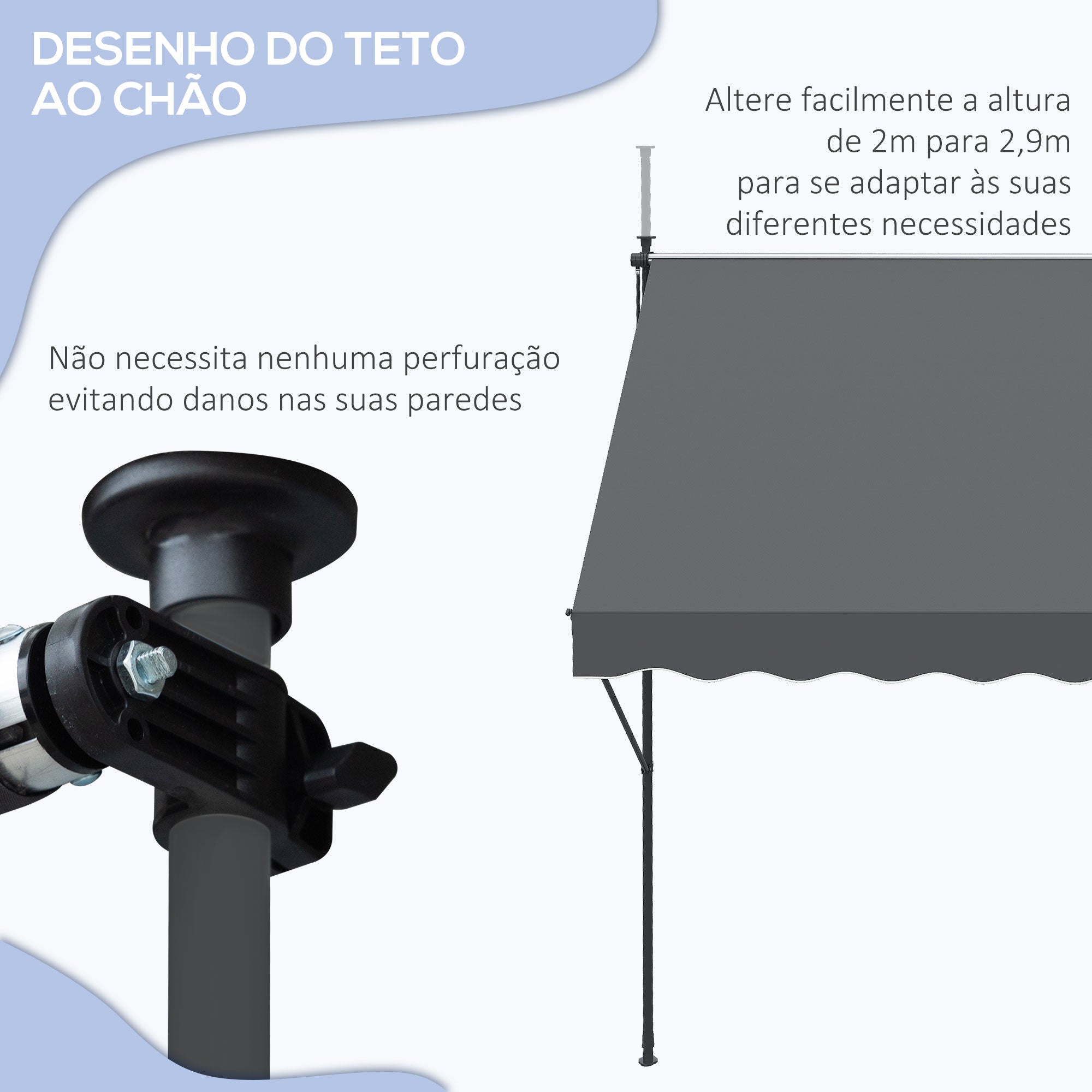 Toldo Manual Retrátil Cinza 200x170x200-290cm Proteção Solar UV40+