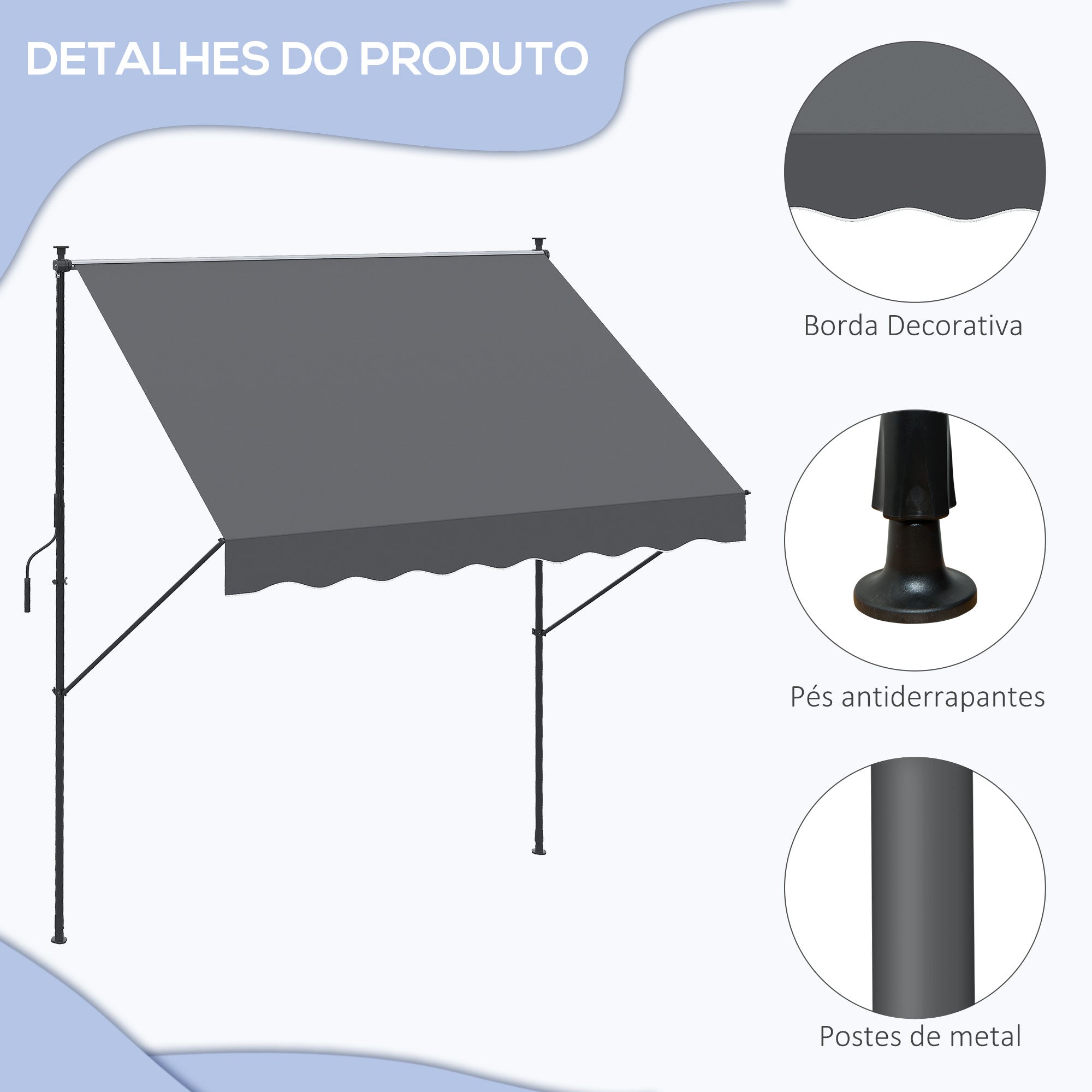 Toldo Manual Retrátil Cinza 200x170x200-290cm Proteção Solar UV40+