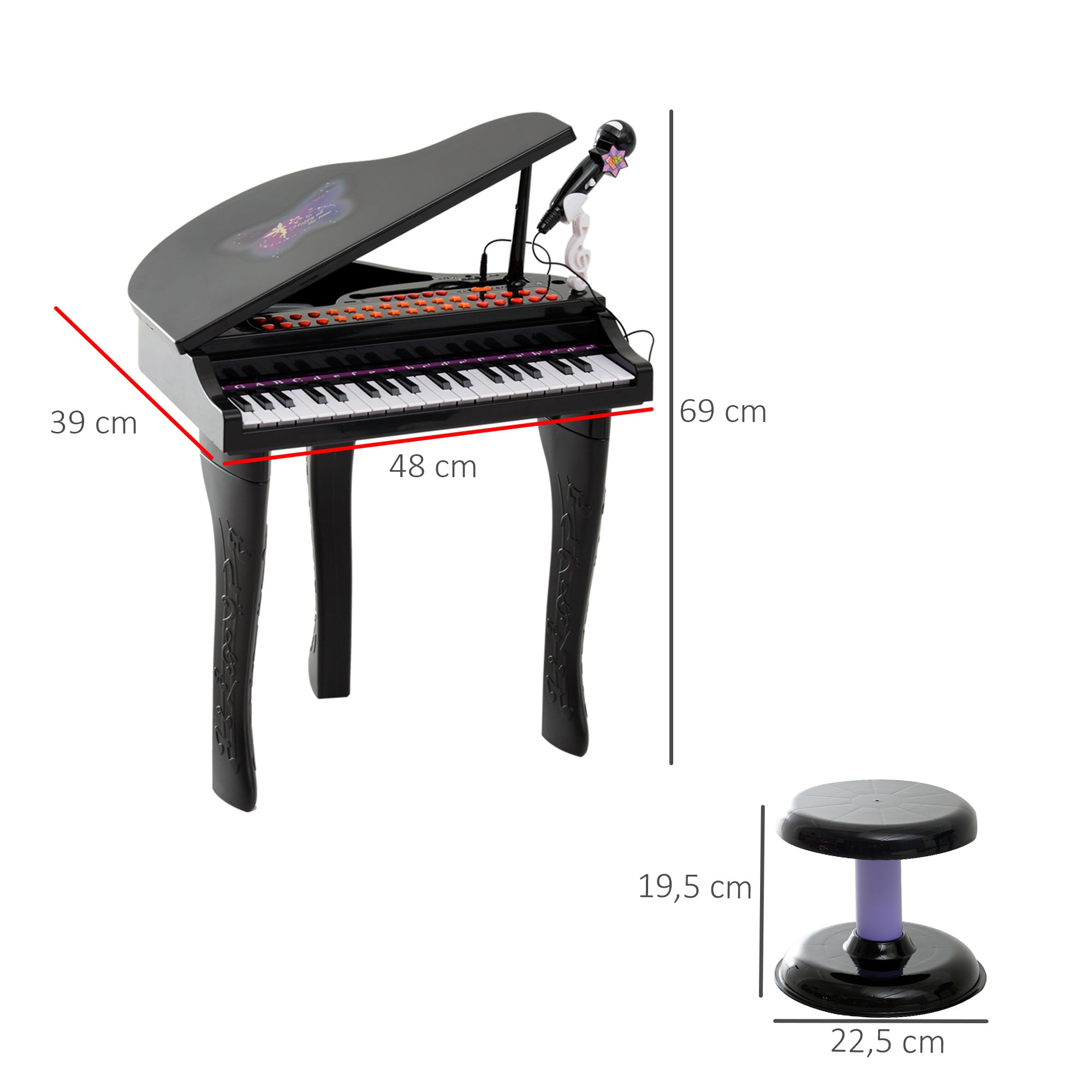 Piano para Crianças com 37 Teclas e Microfone - Preto 48x39x69 cm