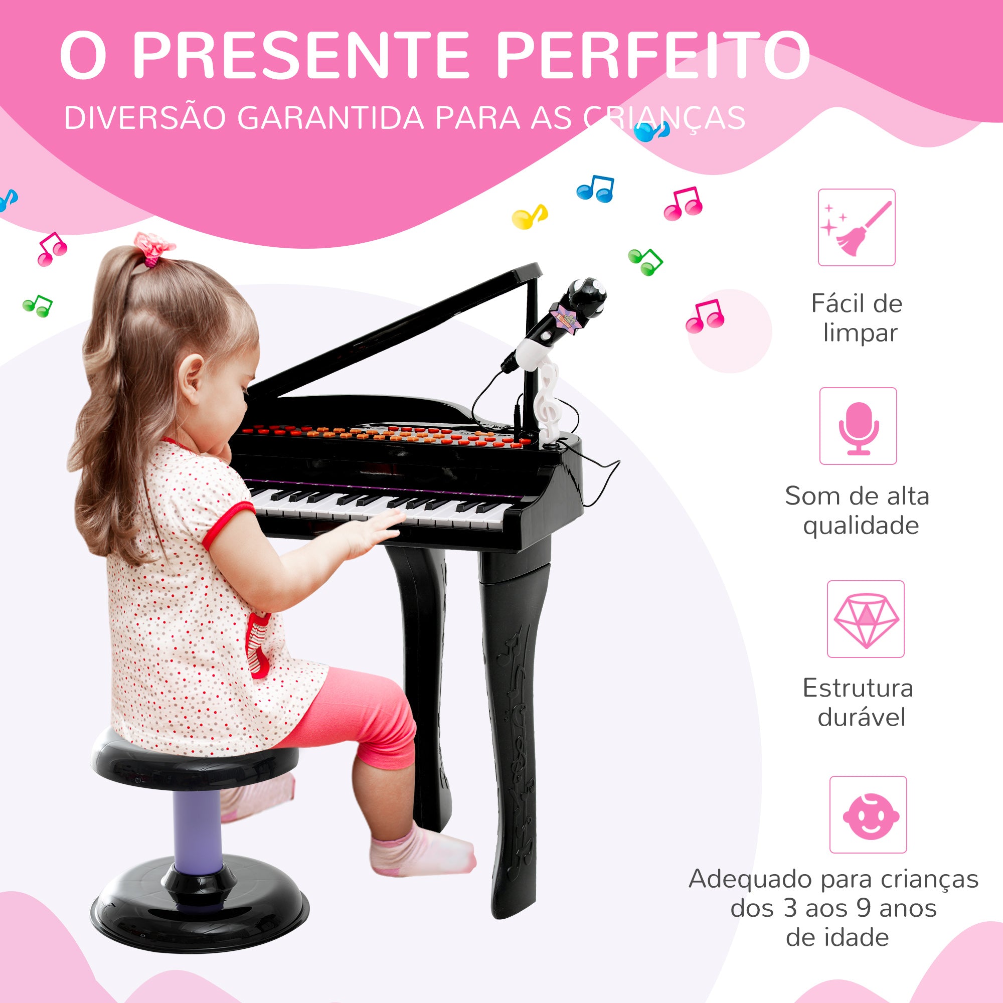Piano para Crianças com 37 Teclas e Microfone - Preto 48x39x69 cm