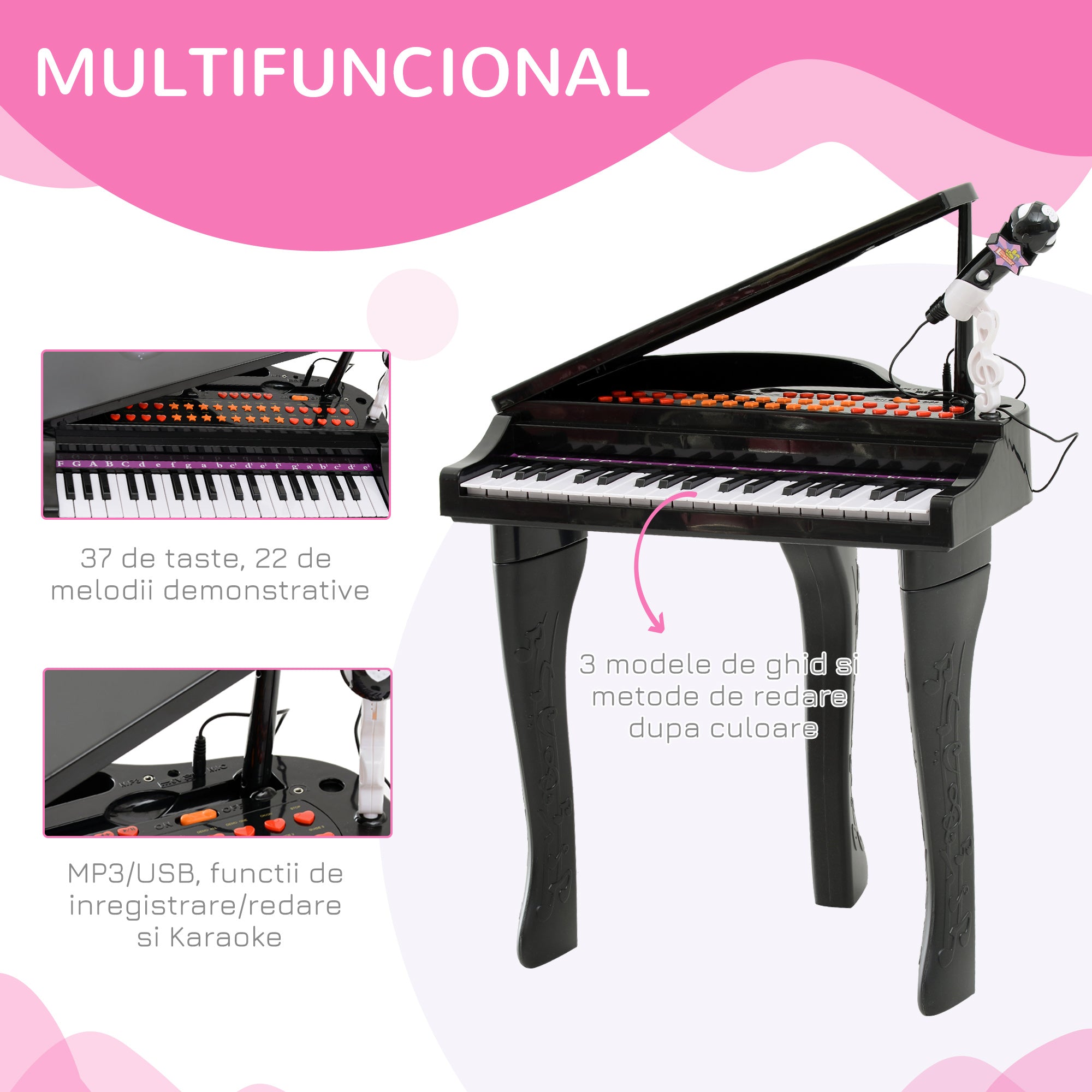 Piano para Crianças com 37 Teclas e Microfone - Preto 48x39x69 cm