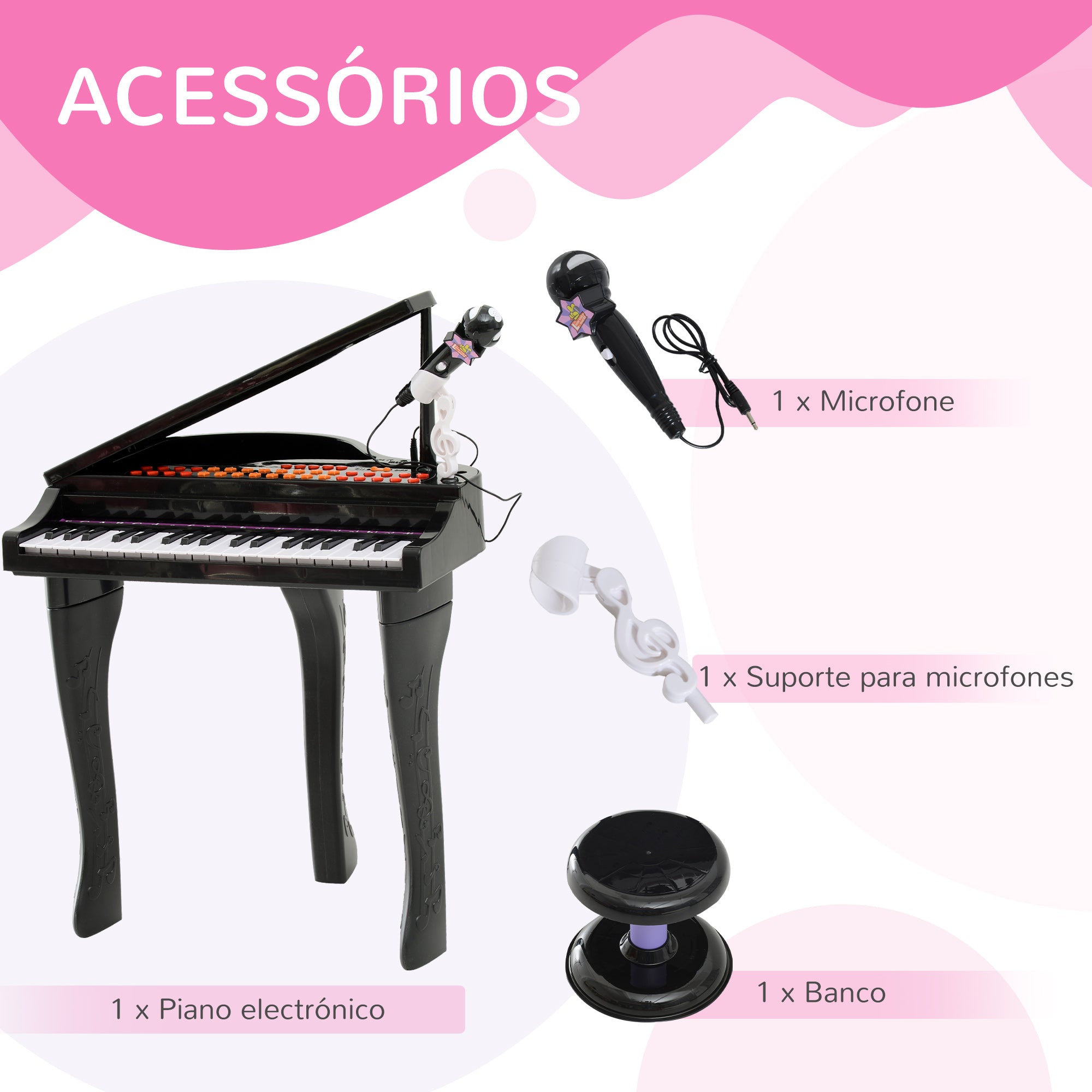 Piano para Crianças com 37 Teclas e Microfone - Preto 48x39x69 cm