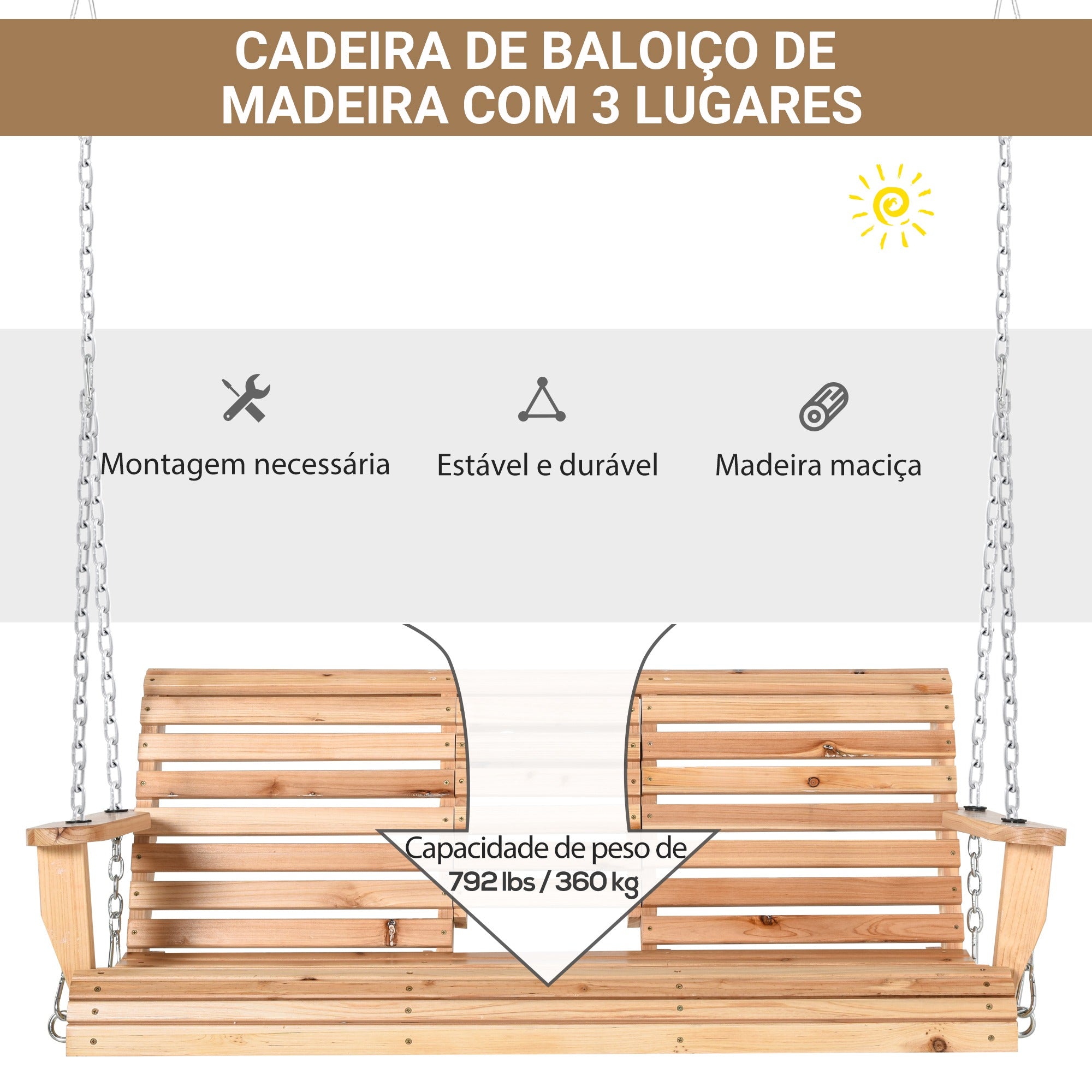 Banco Baloiço de 2-3 Lugares Cor de Madeira Natural 150x75x53 cm