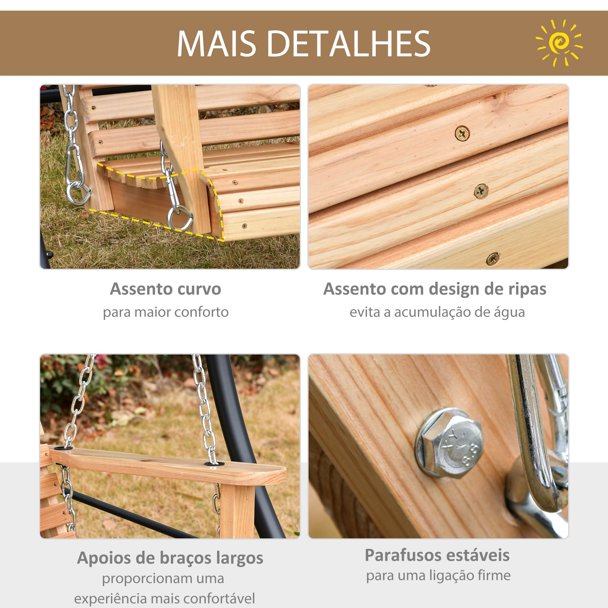 Banco Baloiço de 2-3 Lugares Cor de Madeira Natural 150x75x53 cm