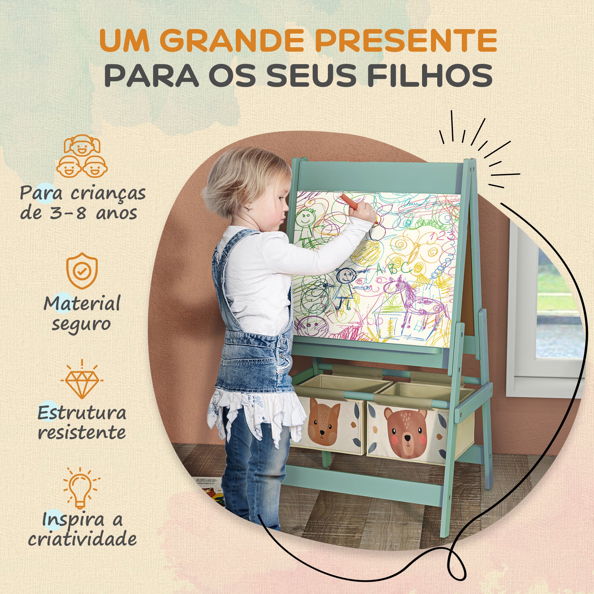 Cavalete Infantil 3 em 1 Verde 54x46,5x93 cm