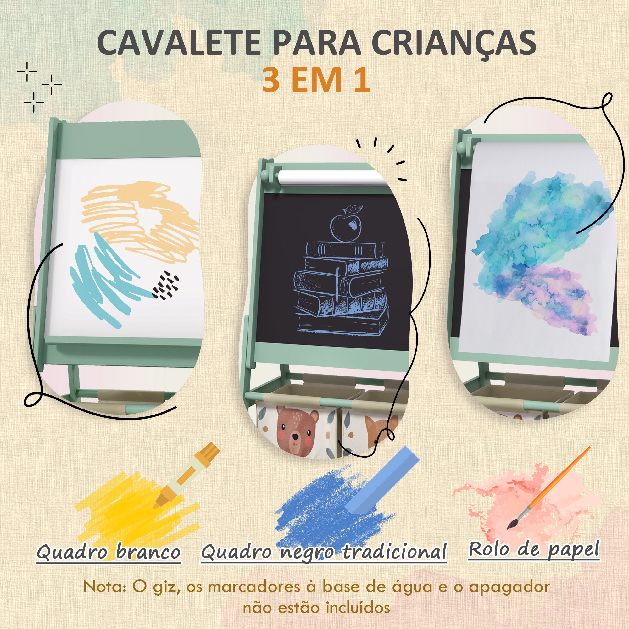 Cavalete Infantil 3 em 1 Verde 54x46,5x93 cm