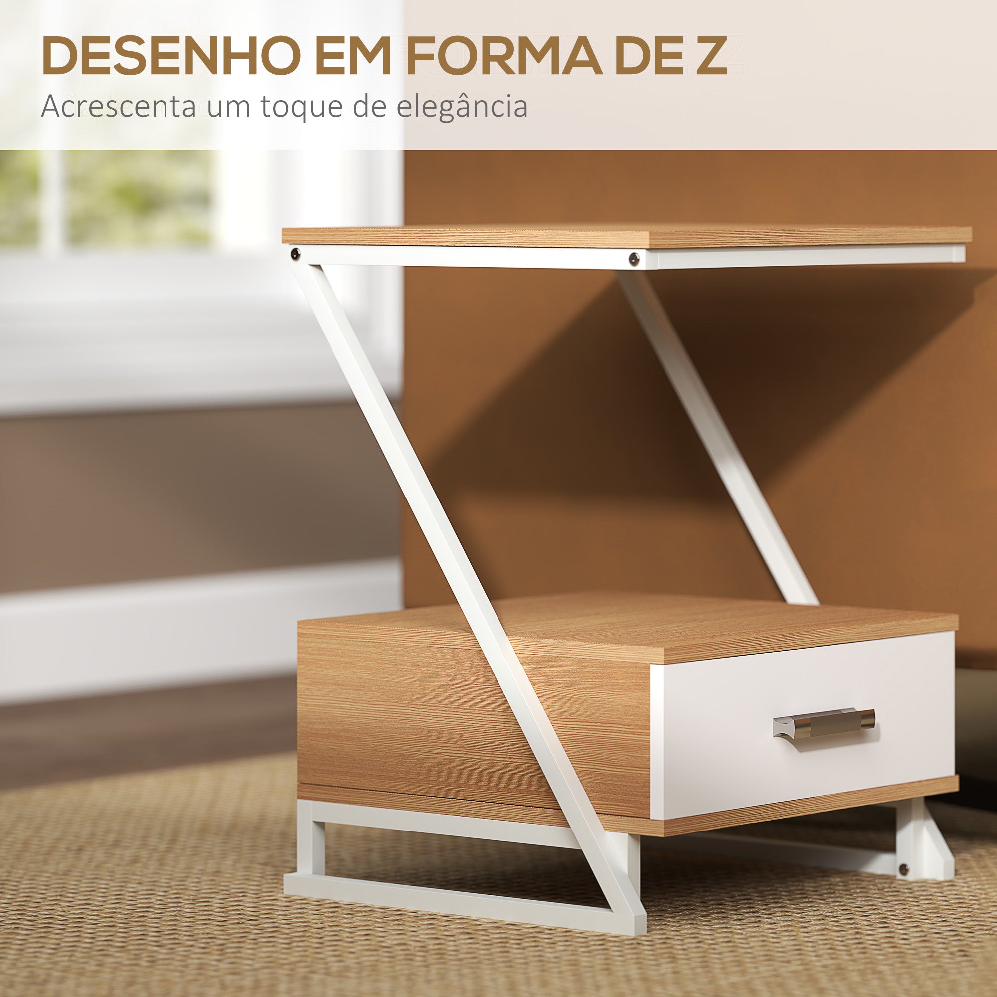 Conjunto de 2 Mesas de Cabeceira em Forma de Z - 40x35x50 cm - Madeira e Branco