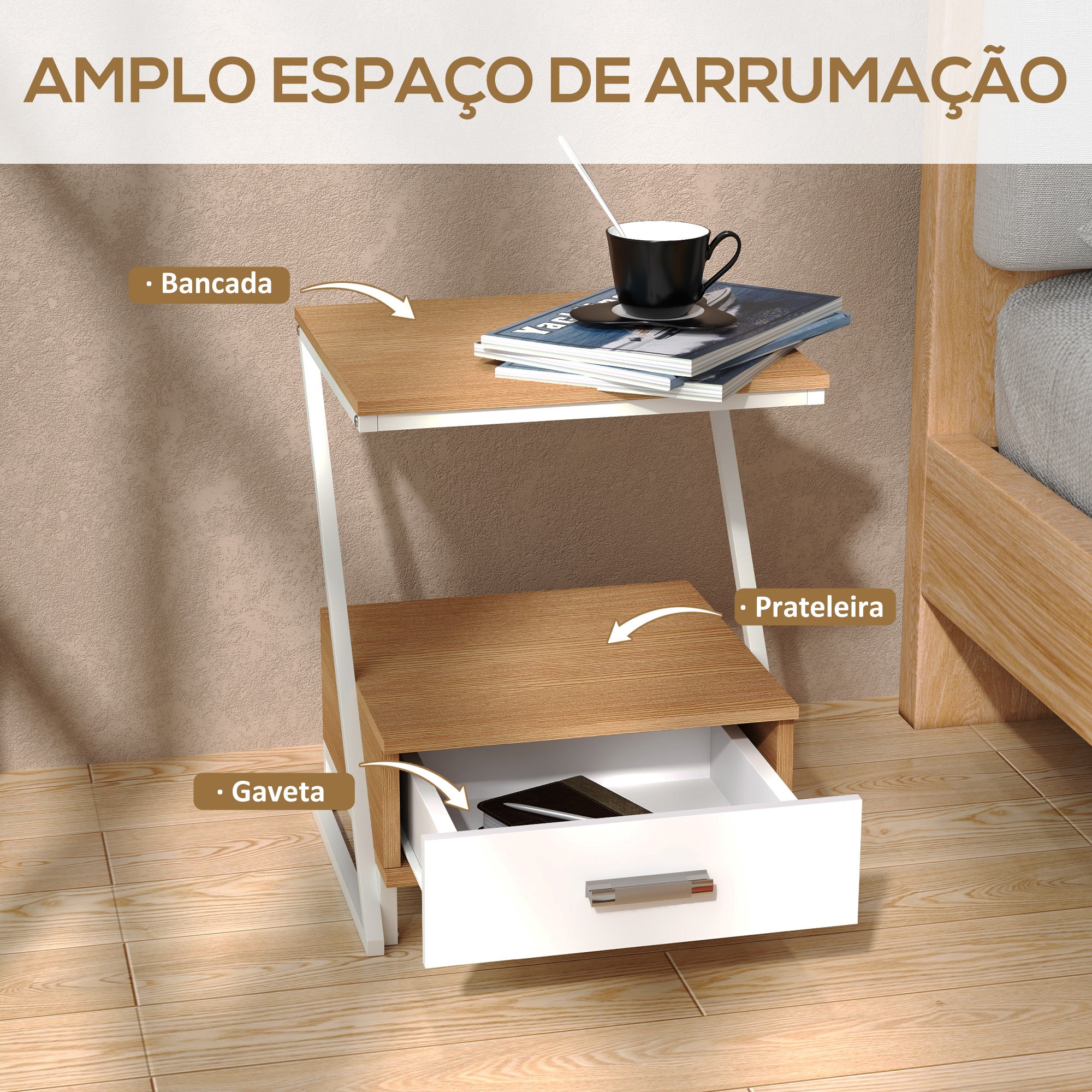 Conjunto de 2 Mesas de Cabeceira em Forma de Z - 40x35x50 cm - Madeira e Branco
