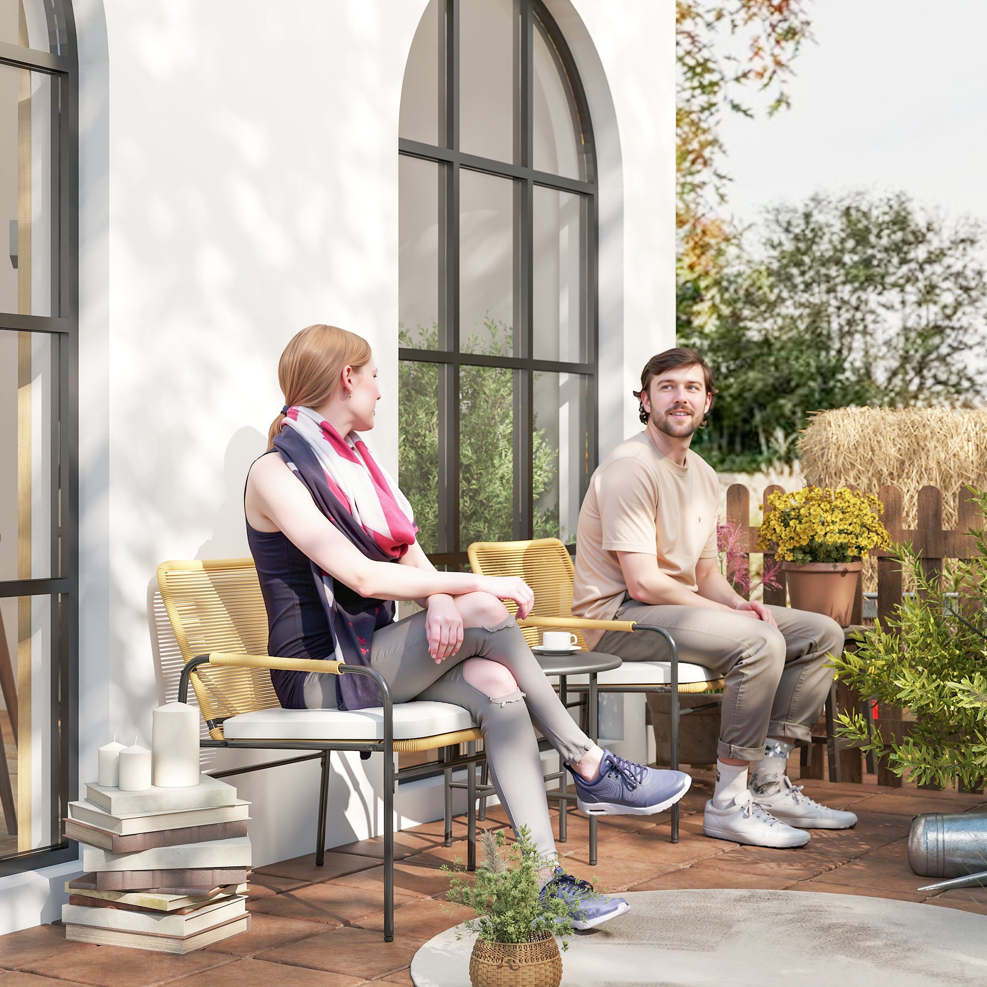 Conjunto de Jardim de 3 Peças - Cadeiras com Almofadas Removíveis - 66x54x76 cm - Cor Creme Branco