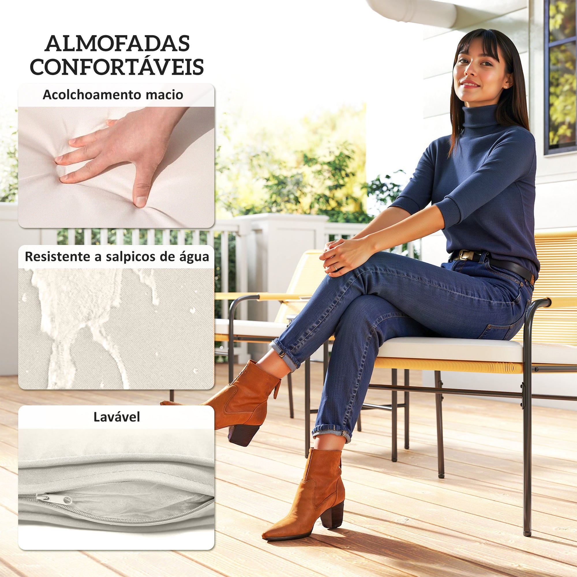 Conjunto de Jardim de 3 Peças - Cadeiras com Almofadas Removíveis - 66x54x76 cm - Cor Creme Branco