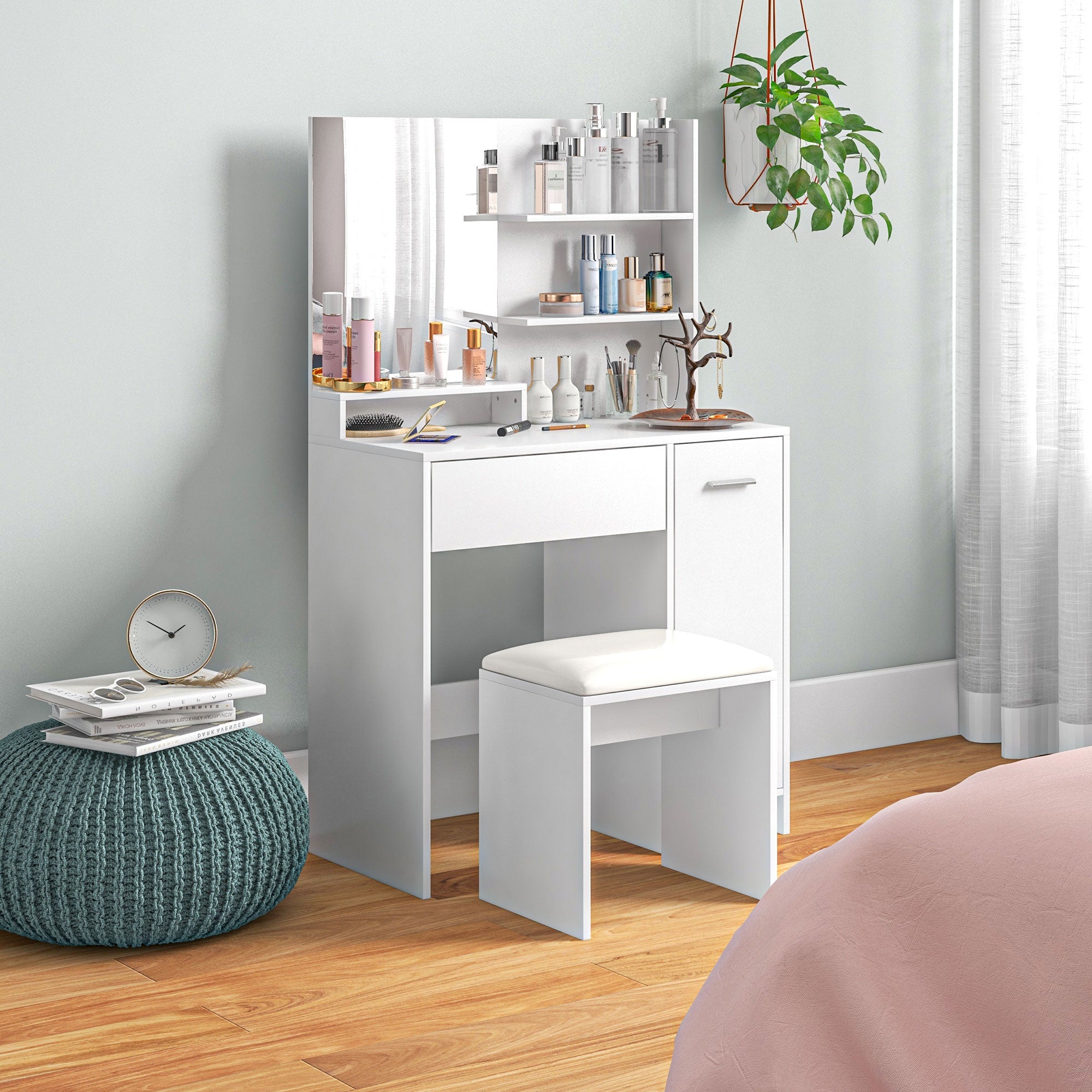 Toucador de Maquilhagem 80x40x132 cm Branco e Bege