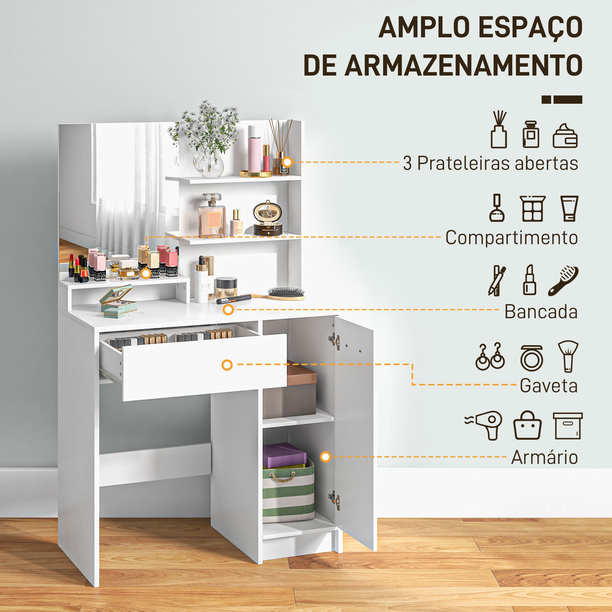 Toucador de Maquilhagem 80x40x132 cm Branco e Bege