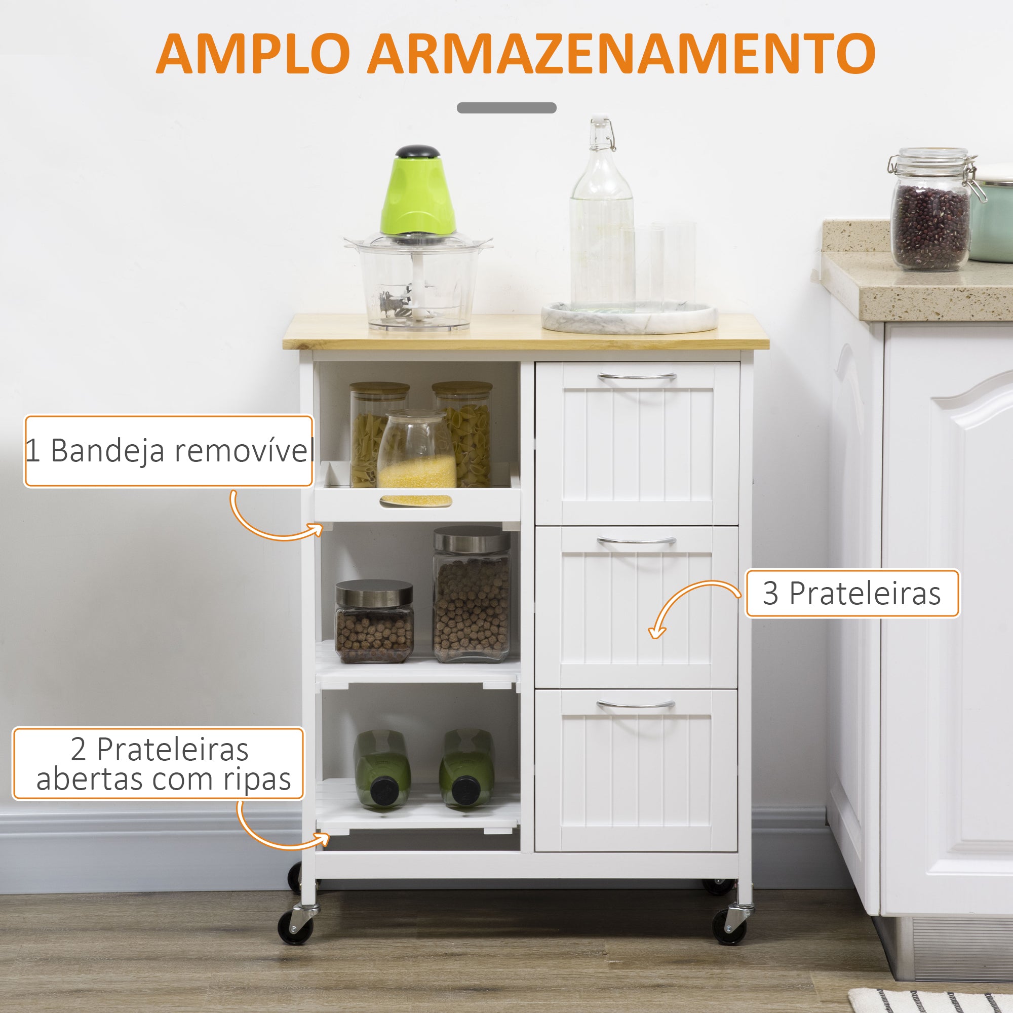 Carrinho de Cozinha com Rodas 67x37x84 cm Branco