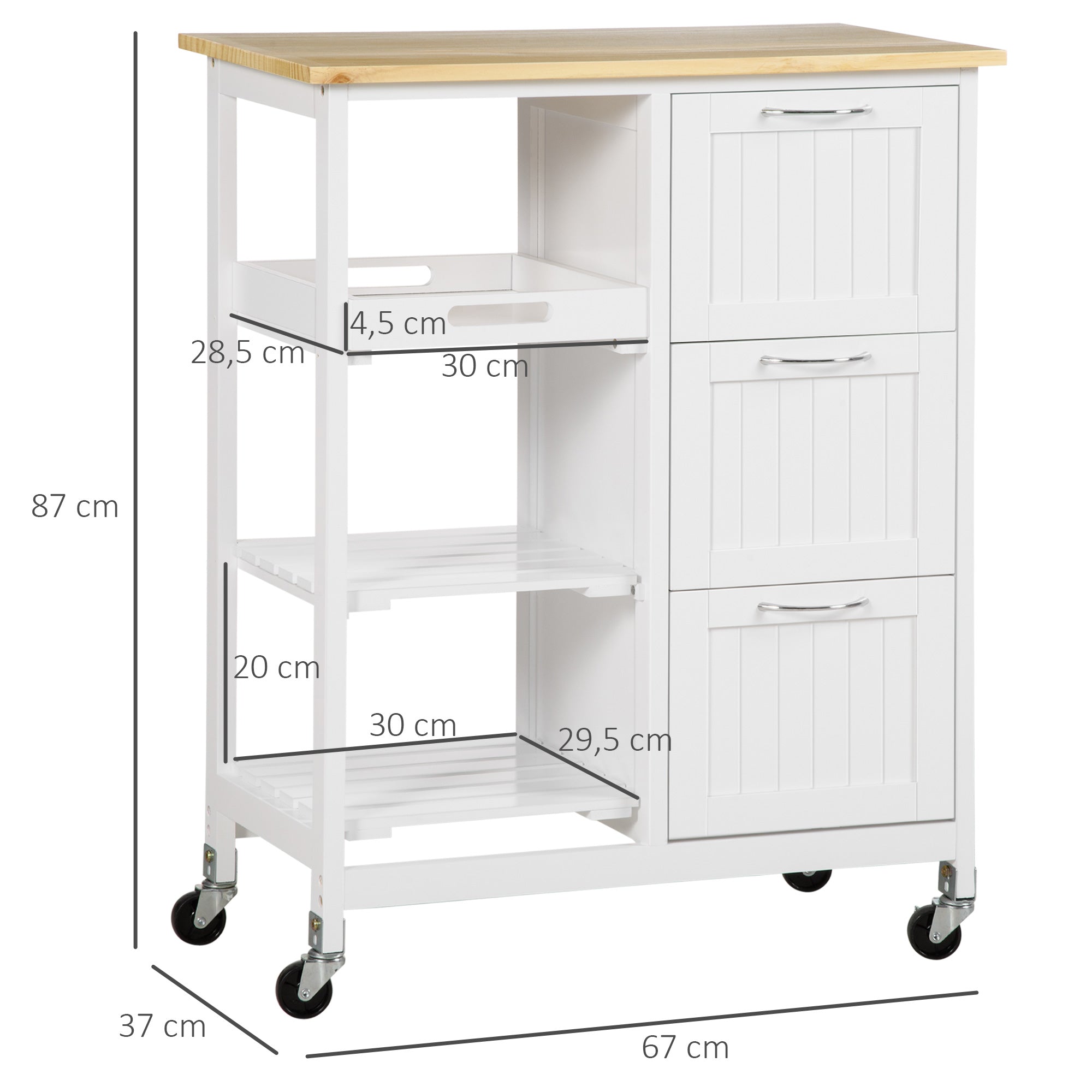 Carrinho de Cozinha com Rodas 67x37x84 cm Branco