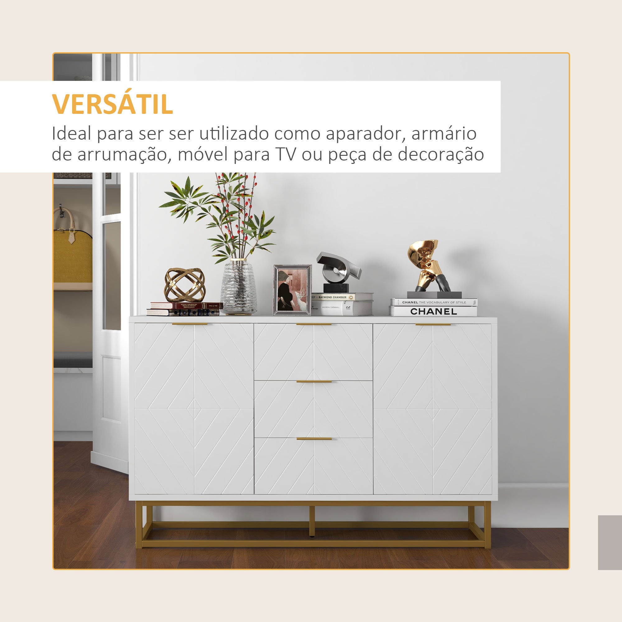 Aparador Auxiliar com 3 Gavetas e 2 Armários 120x40x76 cm - Branco