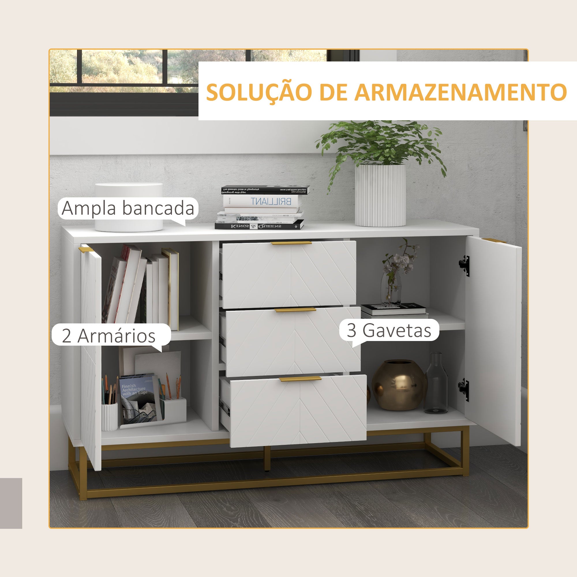 Aparador Auxiliar com 3 Gavetas e 2 Armários 120x40x76 cm - Branco