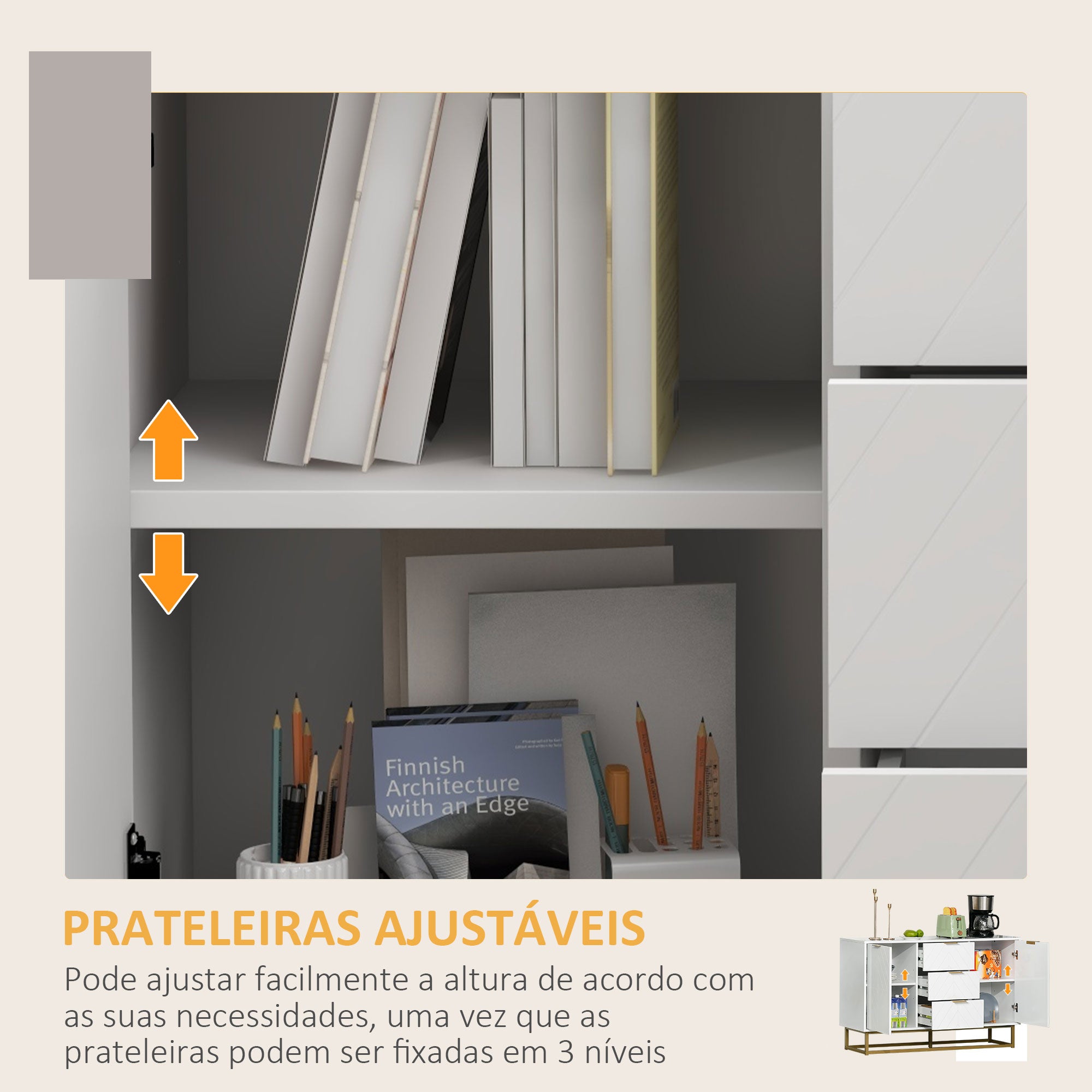 Aparador Auxiliar com 3 Gavetas e 2 Armários 120x40x76 cm - Branco
