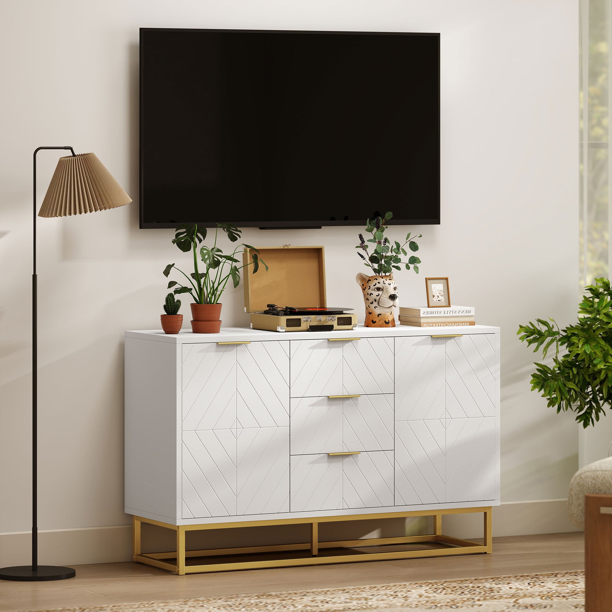 Aparador Auxiliar com 3 Gavetas e 2 Armários 120x40x76 cm - Branco