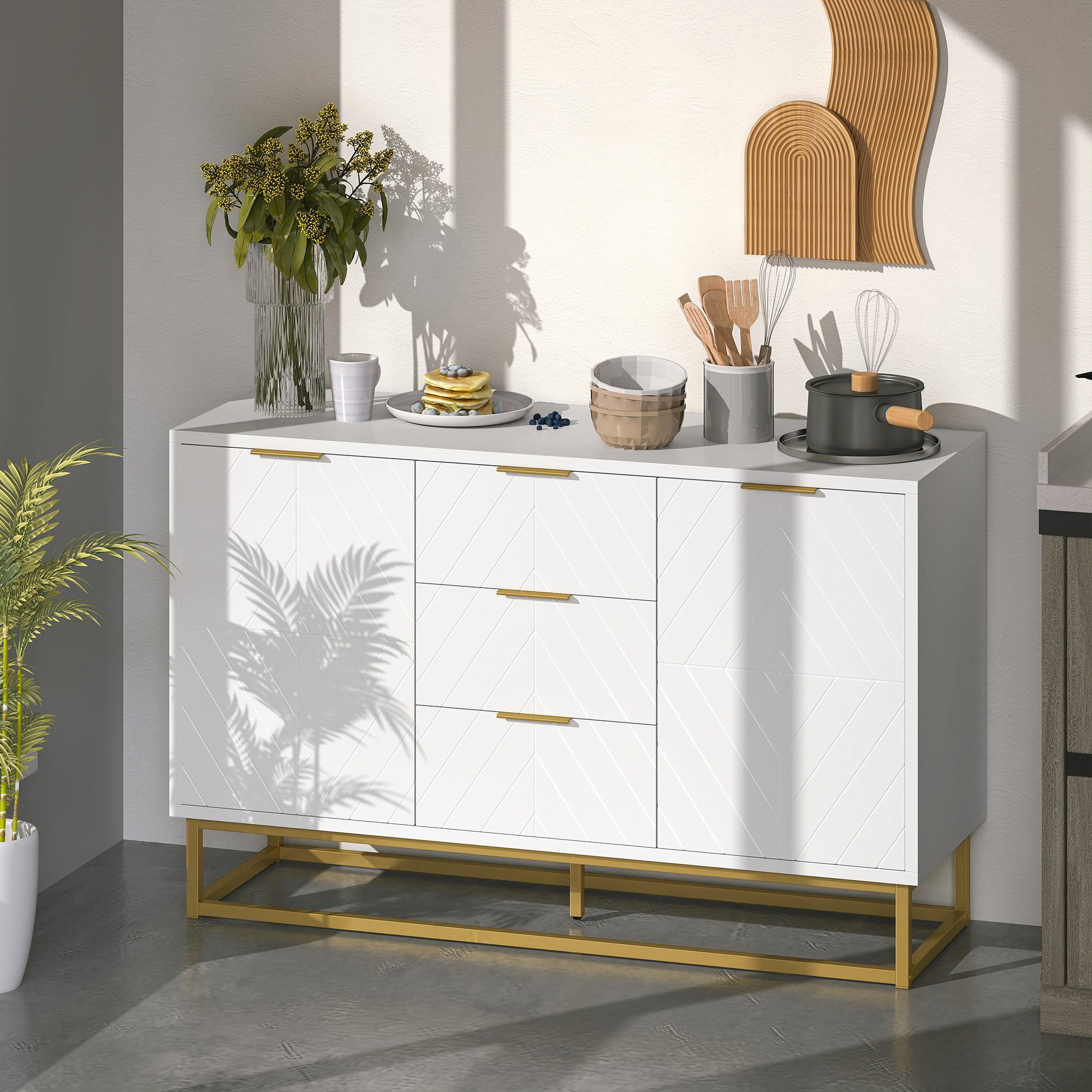 Aparador Auxiliar com 3 Gavetas e 2 Armários 120x40x76 cm - Branco
