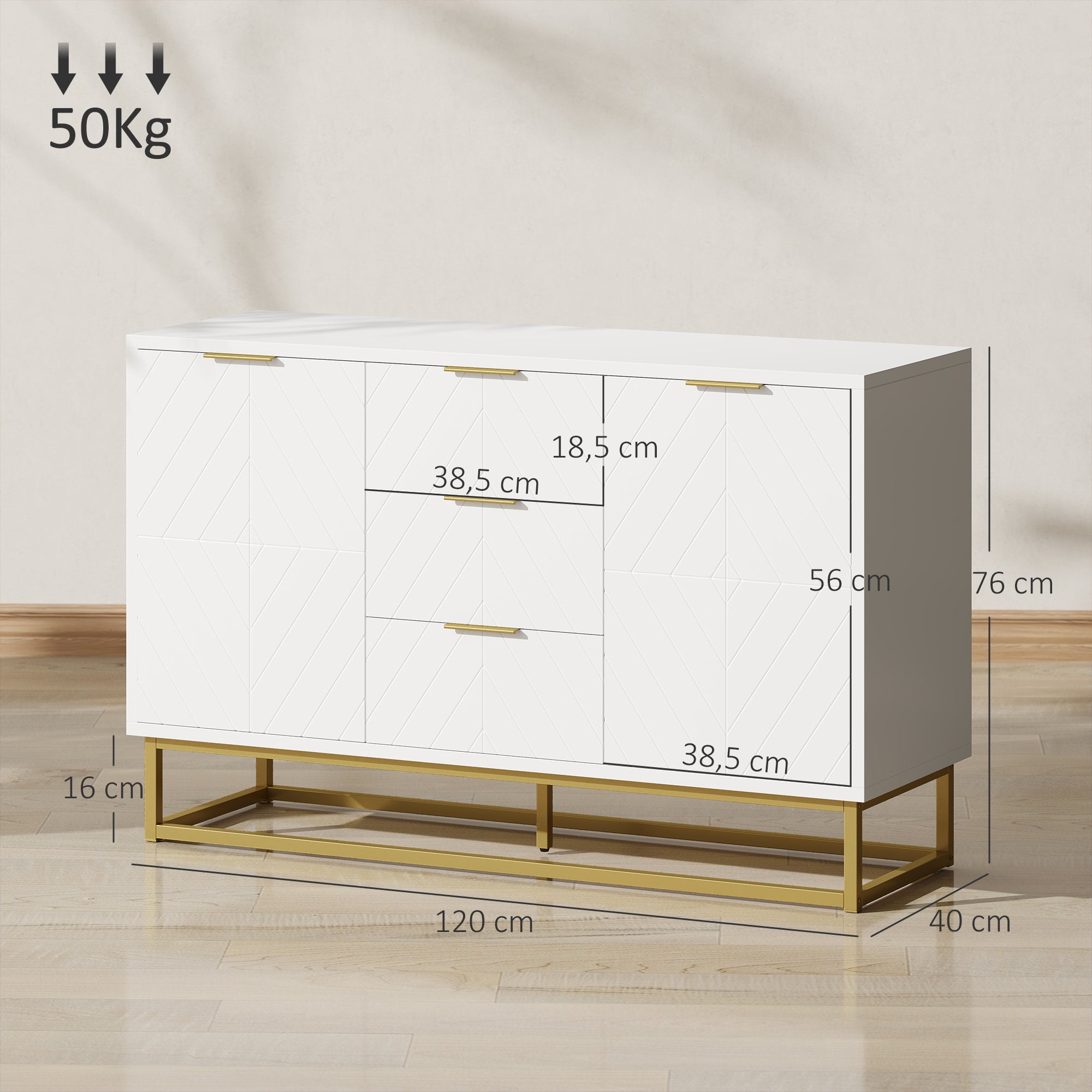 Aparador Auxiliar com 3 Gavetas e 2 Armários 120x40x76 cm - Branco