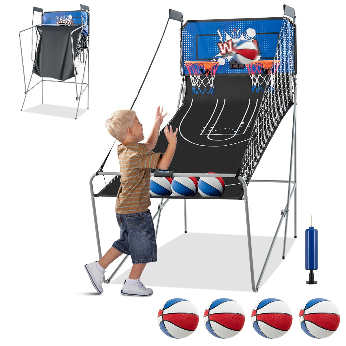 Jogo de Basquetebol Eletrónico com Cesto Dobrável e Contador de Pontos Redes e Suporte 4 Bolas Azul