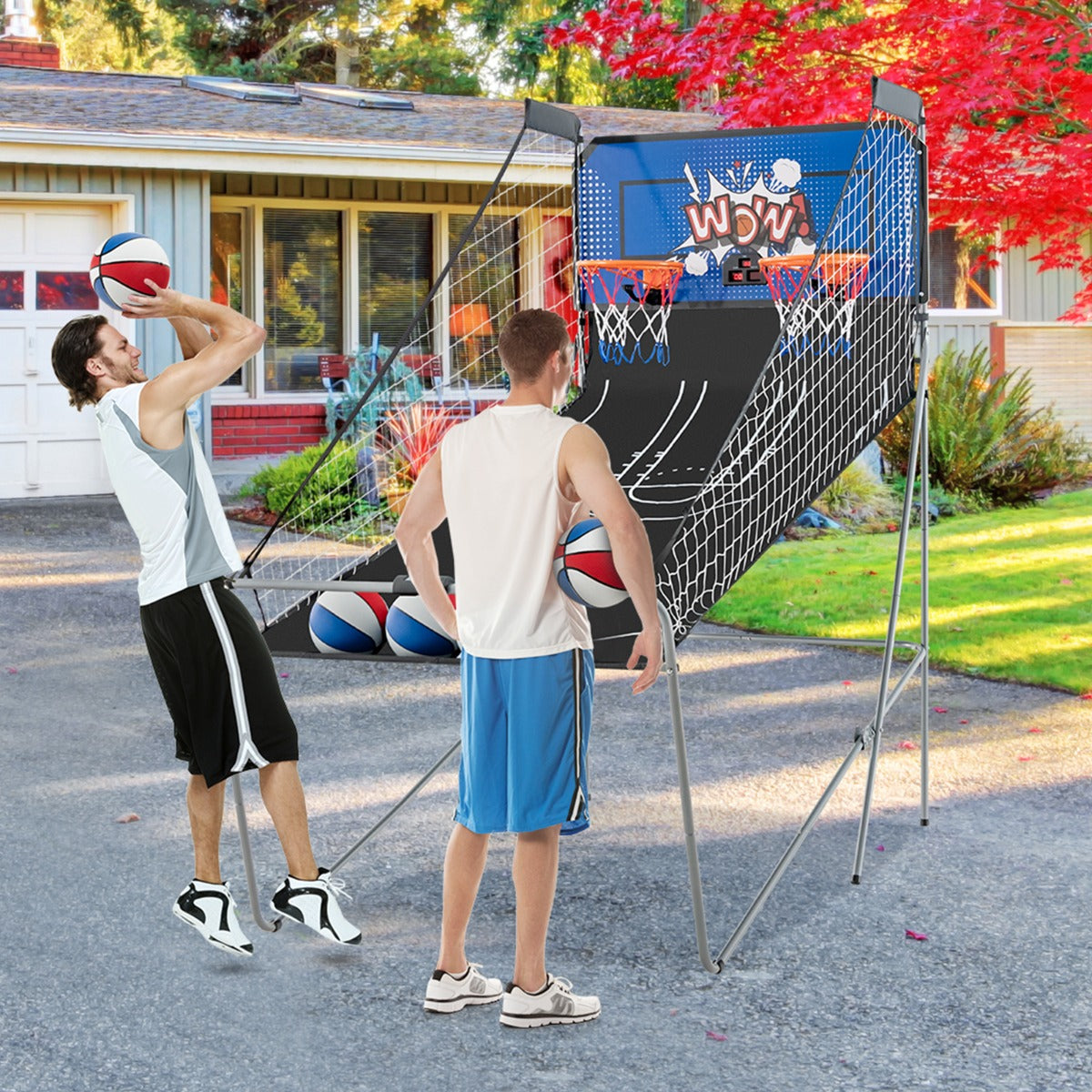 Jogo de Basquetebol Eletrónico com Cesto Dobrável e Contador de Pontos Redes e Suporte 4 Bolas Azul