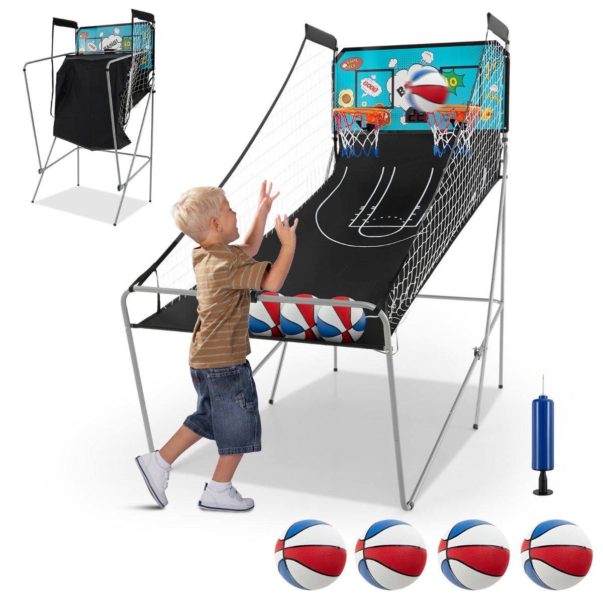 Máquina de Basquetebol Jogo de Cesto Dobrável Brinquedo Contador Eletrónico Cesto com Suporte Redes 4 Bolas de Basquetebol Turquesa