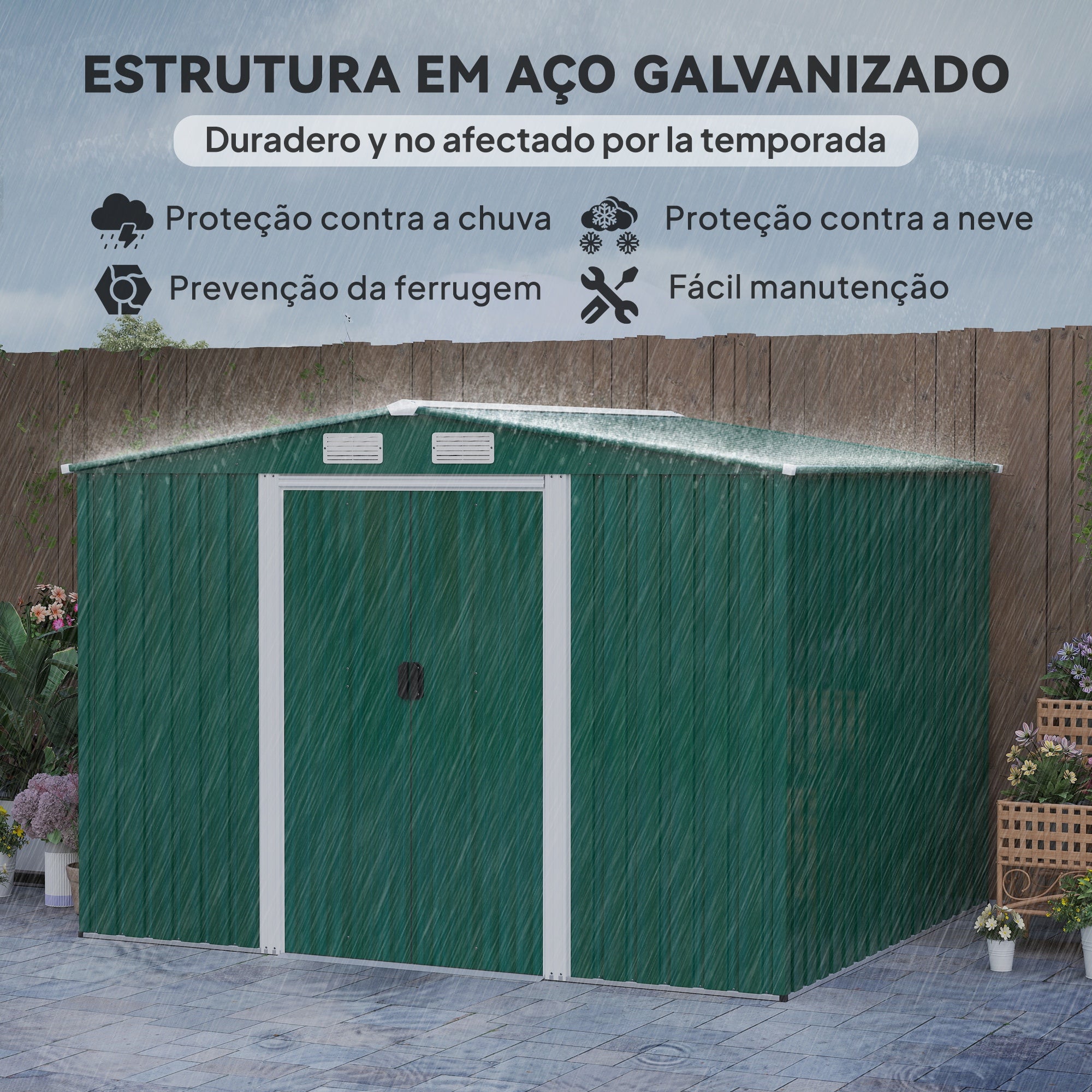 Abrigo de Jardim Verde 258x206x178cm - Armazenamento de Ferramentas Jardinagem