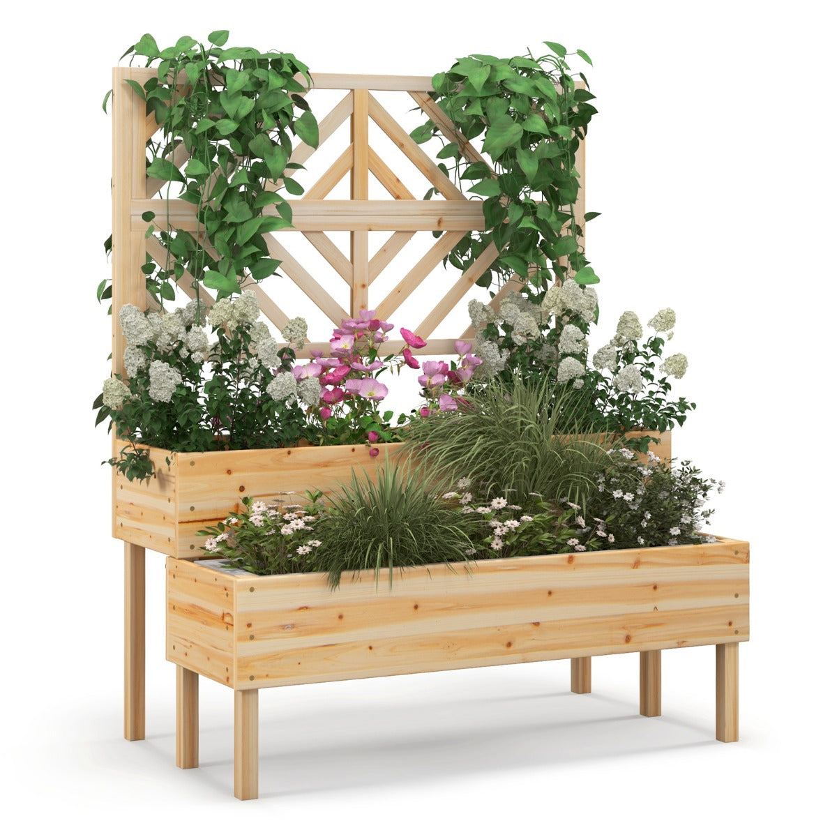 Macetero Elevado com Treliça de 2 Níveis Caixa de Cultivo com Pés para Jardim 109 x 62 x 135 cm Natural