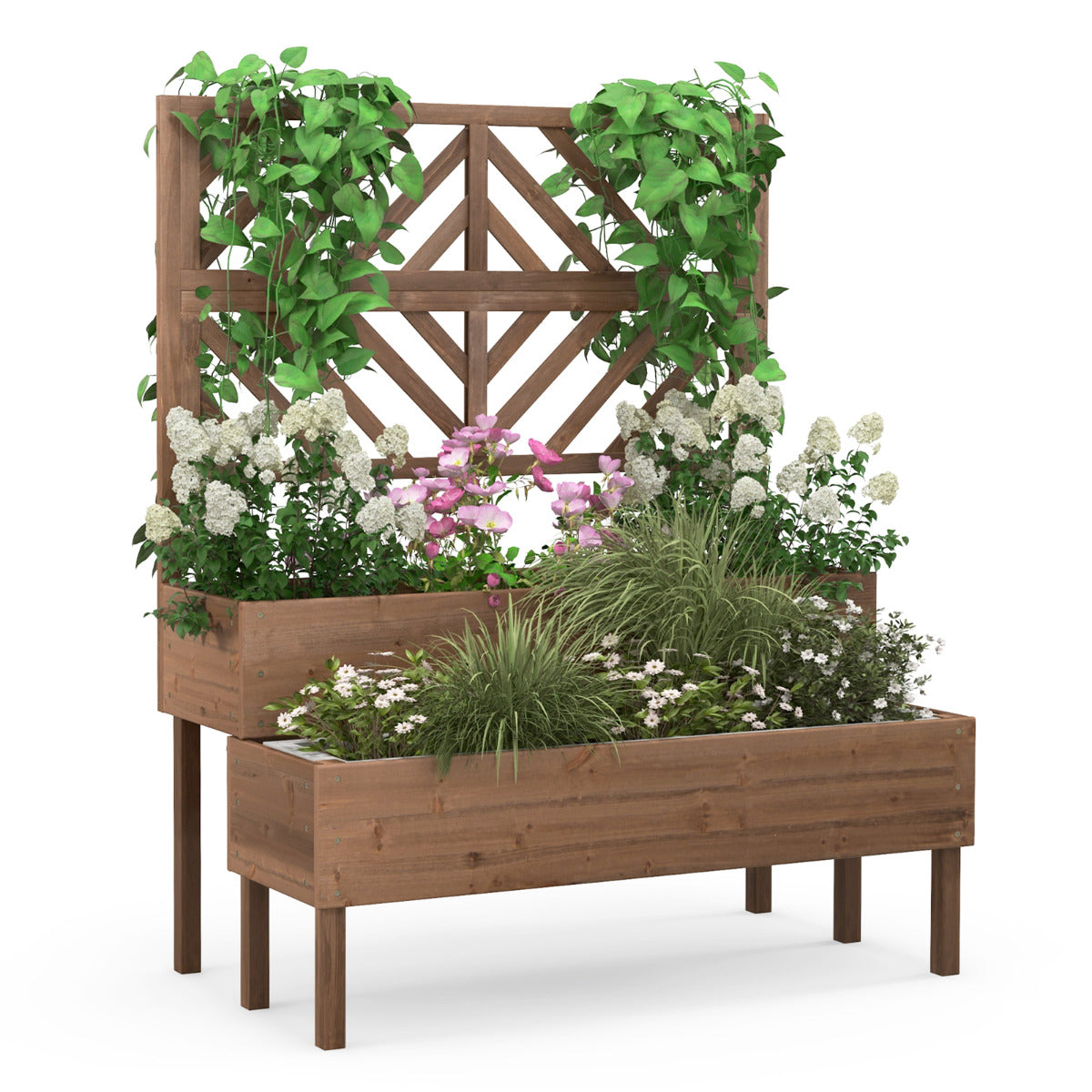 Cama de Jardim Elevada com Treliça de 2 Níveis – 109 x 62 x 135 cm – Castanho – Madeira de Abeto