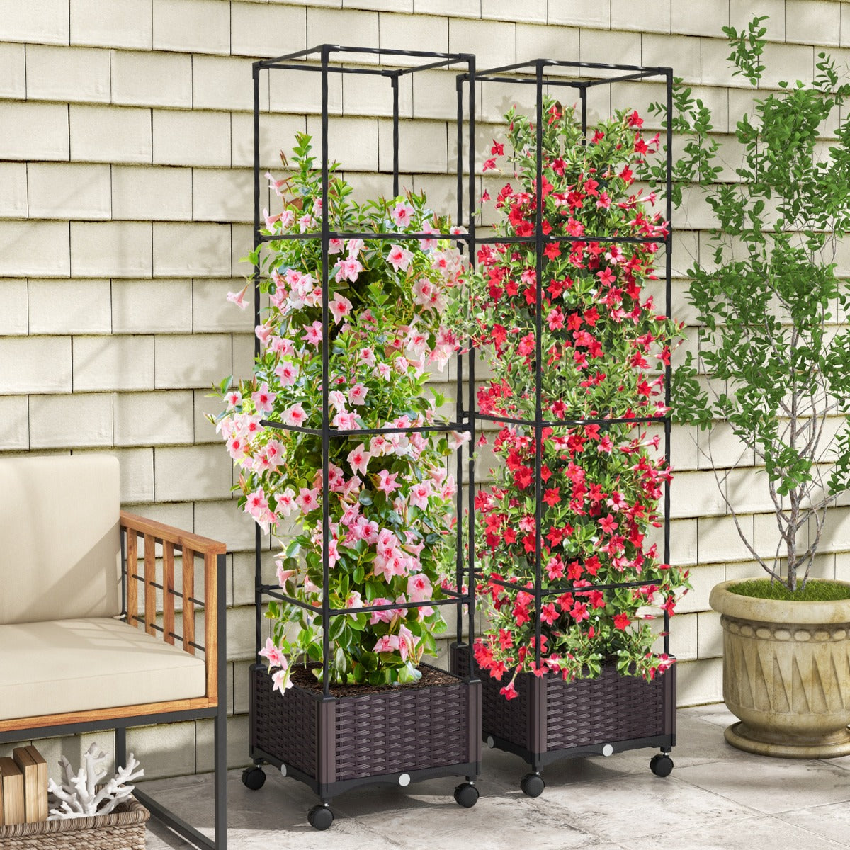 Macetero Elevado de 170 cm com Treliça Sistema de Rega Automática Rodas Macetero Vertical para Plantas Trepadeiras Flores Vegetais