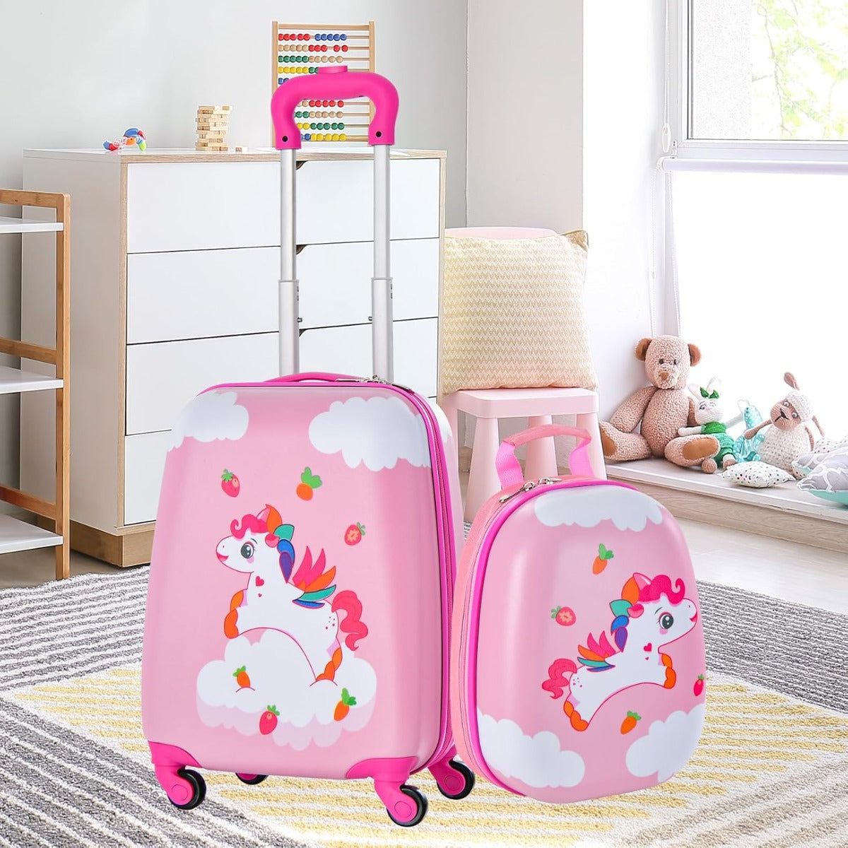 Conjunto de 2 Peças de Bagagem Infantil 2 em 1, Mala + Mochila com 4 Rodas Giratórias, Pega Retrátil, Duplo Zíper e Filme PC, Malas de Viagem Infantis, Presente para Crianças (Modelo 1)