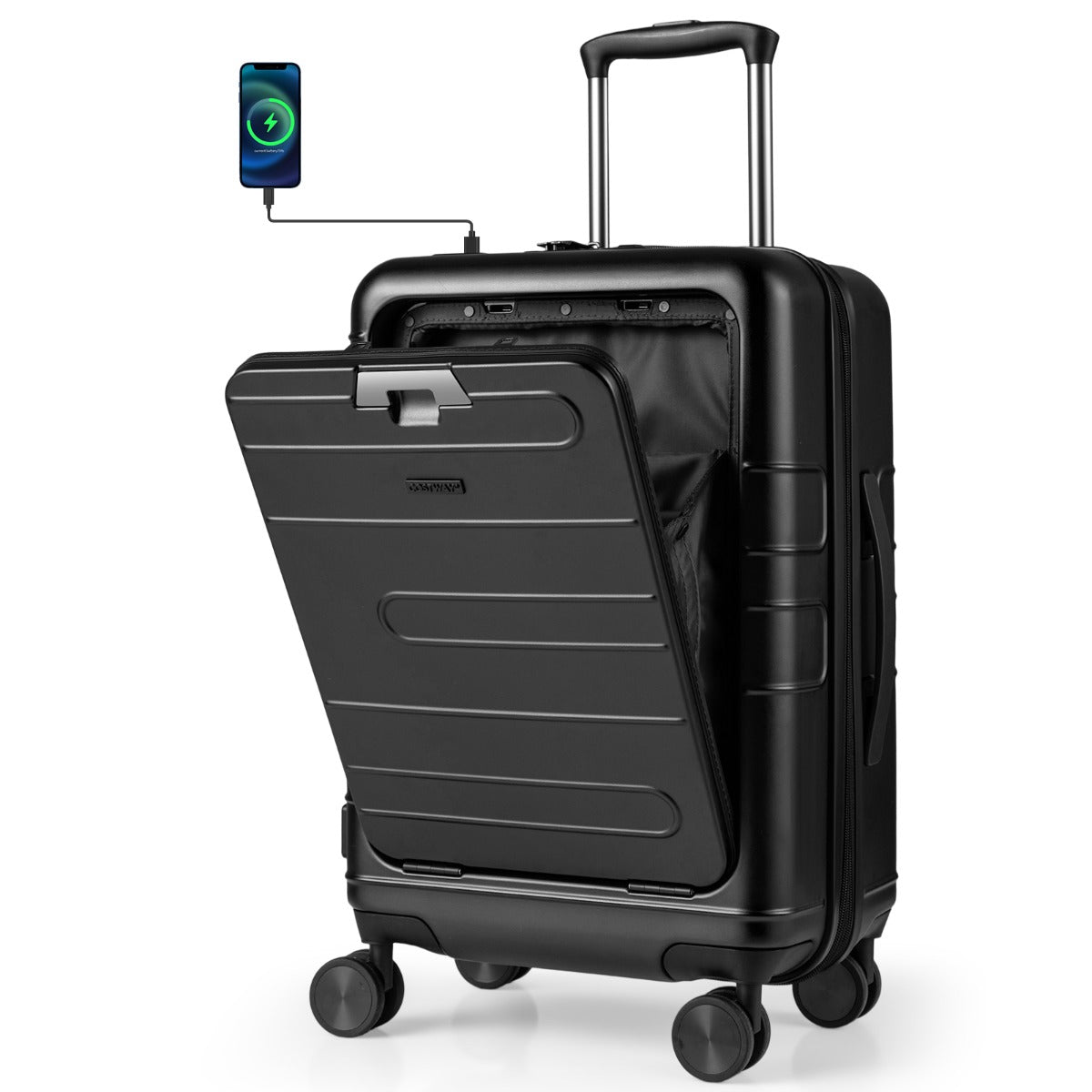 Trolley de Cabine Extensível com Cadeado TSA, Rodas Giratórias, Porta USB e Tipo C Aprovado por Companhias Aéreas 37 x 25,5 x 56 cm Preto