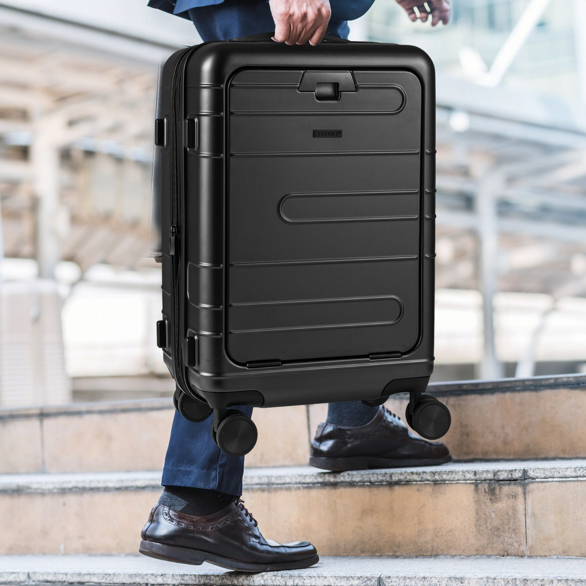 Trolley de Cabine Extensível com Cadeado TSA, Rodas Giratórias, Porta USB e Tipo C Aprovado por Companhias Aéreas 37 x 25,5 x 56 cm Preto