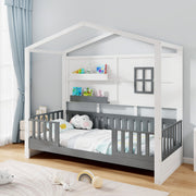 Marco de Cama de Madeira para Crianças com Estantes, Grade de Proteção, Janela e Cerca, Ripas de Madeira 206 x 97 x 192 cm Branco e Cinzento