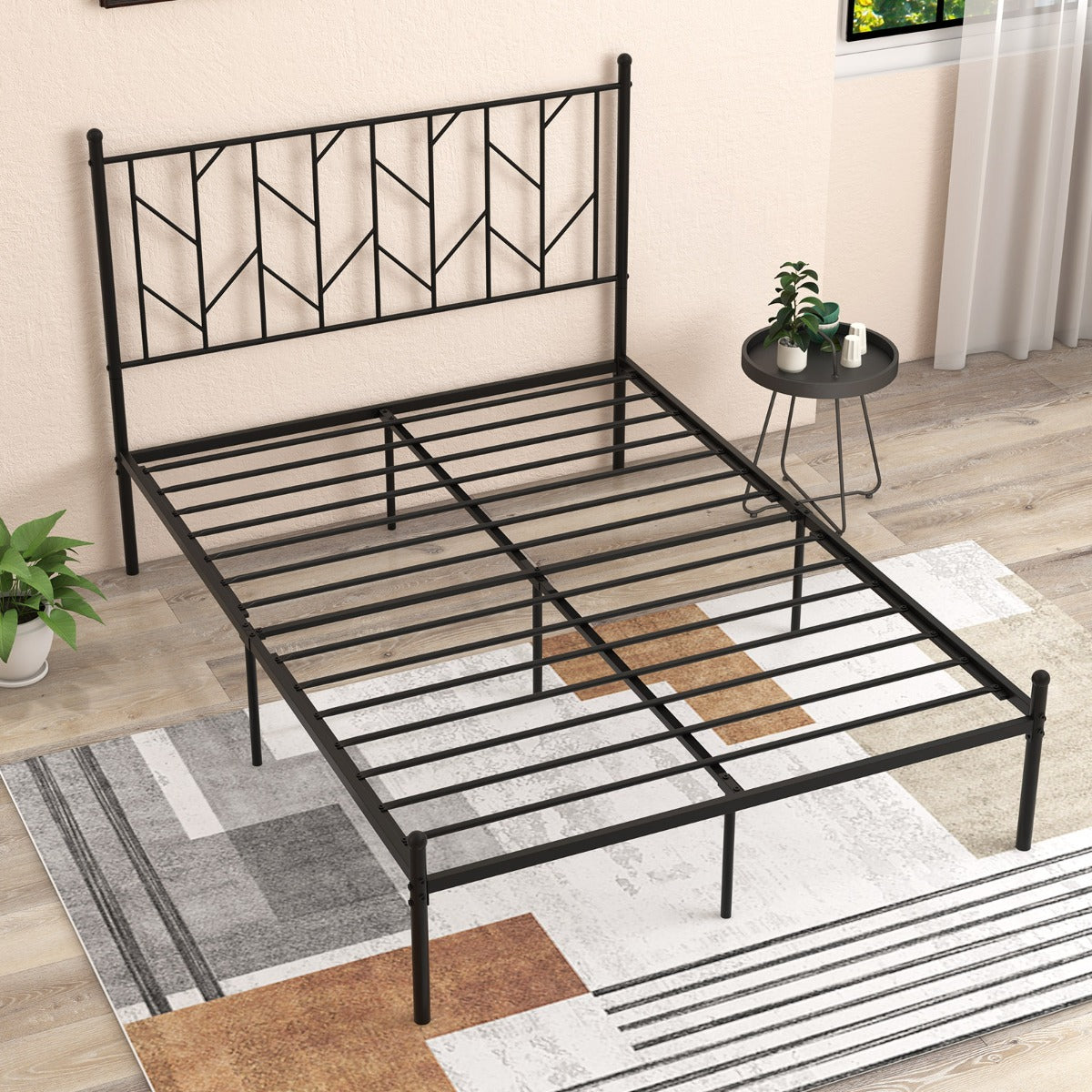 Estrutura de Cama de Plataforma em Metal com Cabeceira Base de Colchão sem Ruído 197 x 141 x 113 cm - Preto
