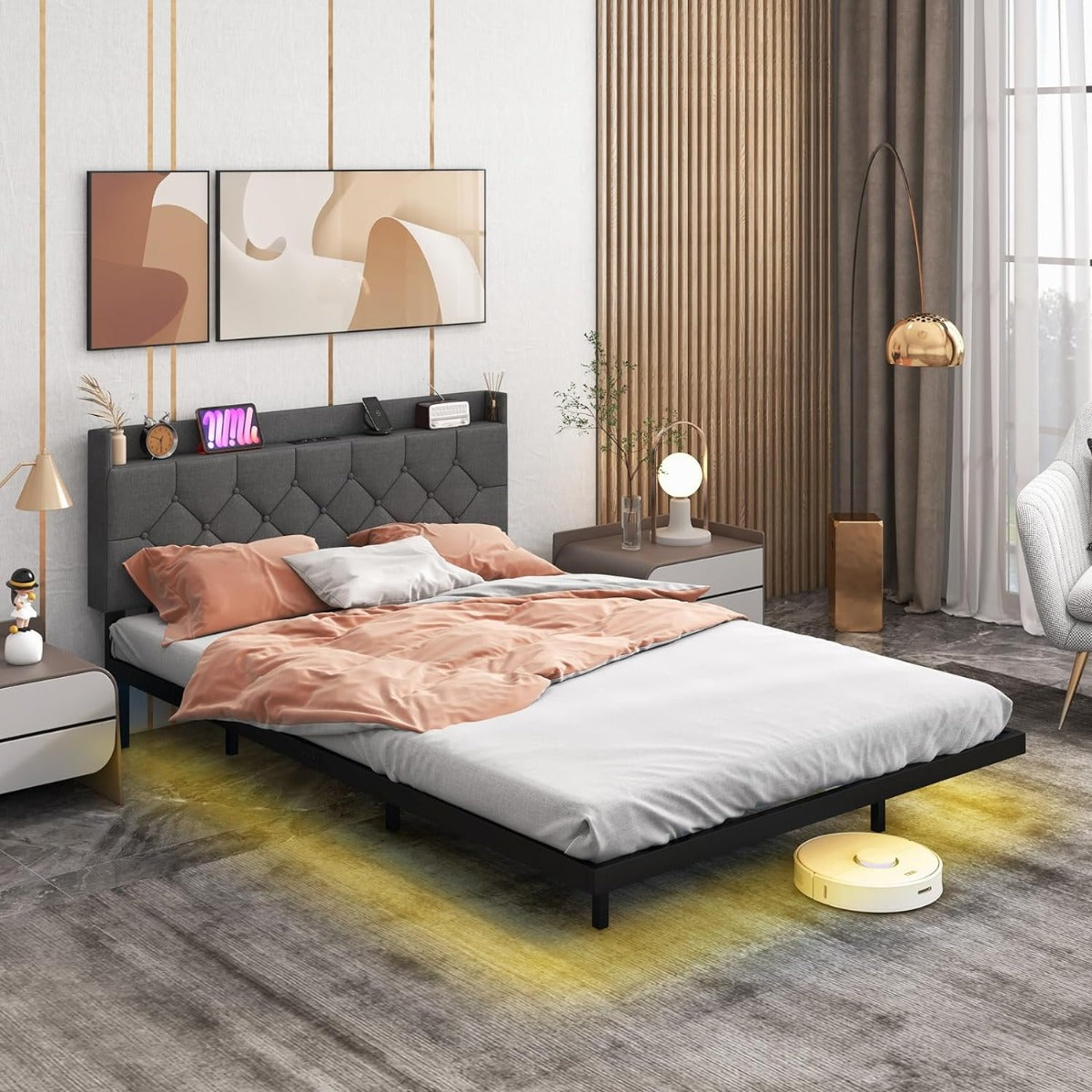Estrutura de Cama Flutuante com Luzes LED, Cabeceira Estofada Ajustável e Estação de Carregamento para Colchão 160 x 200 cm Cinzenta