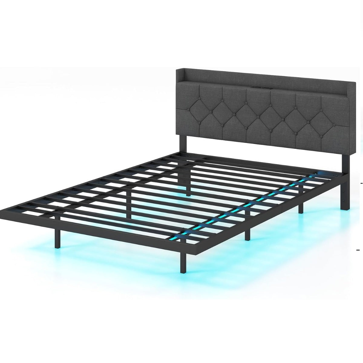 Estrutura de Cama Flutuante com Luzes LED, Cabeceira Estofada Ajustável e Estação de Carregamento para Colchão 160 x 200 cm Cinzenta
